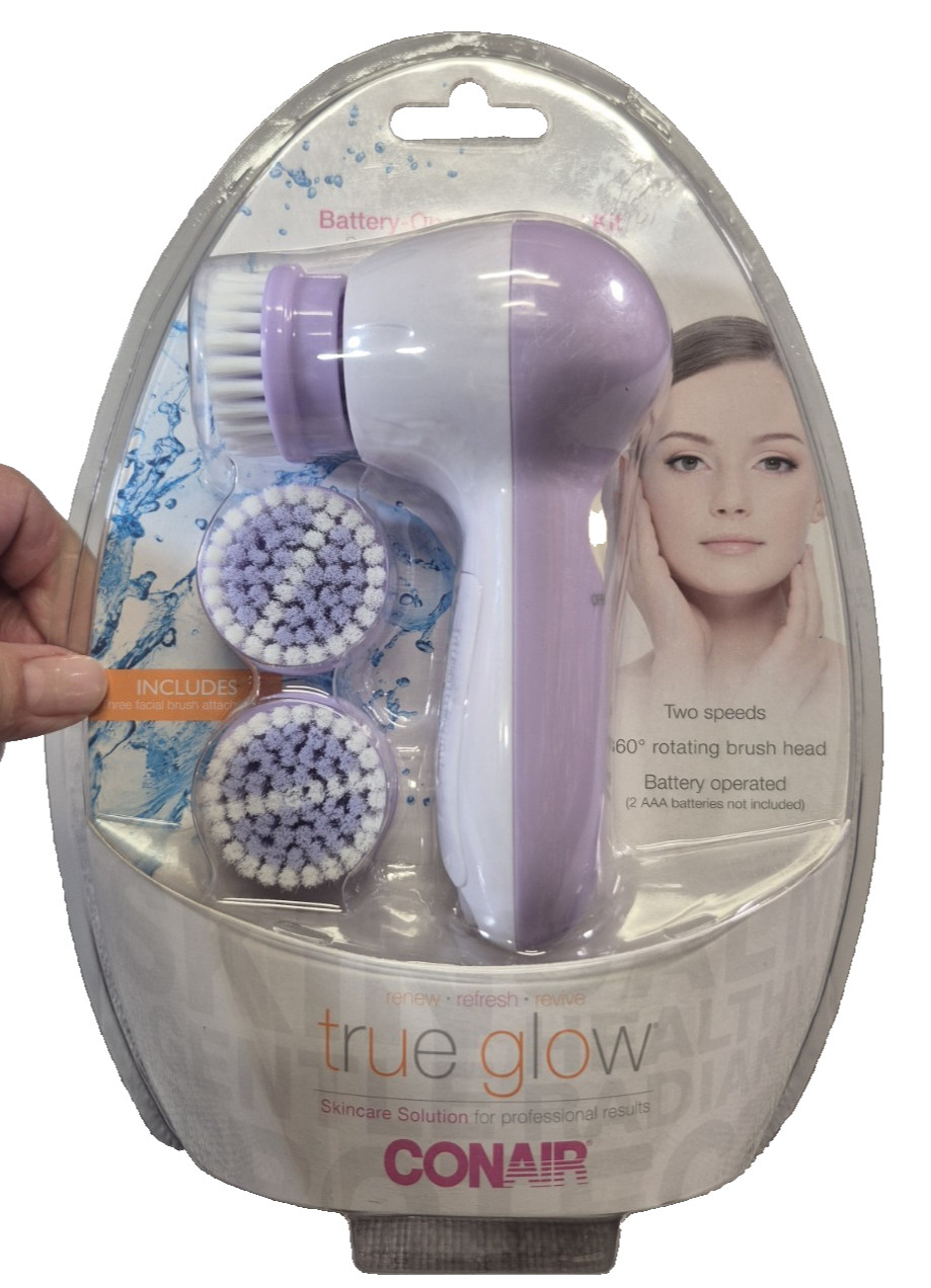 Conair True Glow Facial Cleansing Brush, Battery Operated, 3 Pieces (NEW)