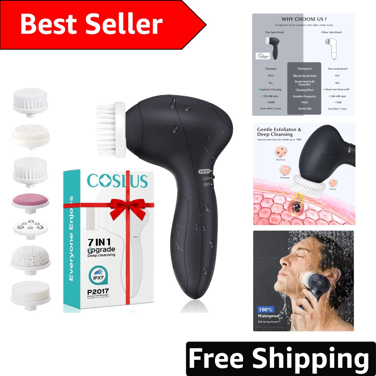 Ultimate Electric Facial Cleansing Device: 7 Brush Heads & Deep Pore Refinement