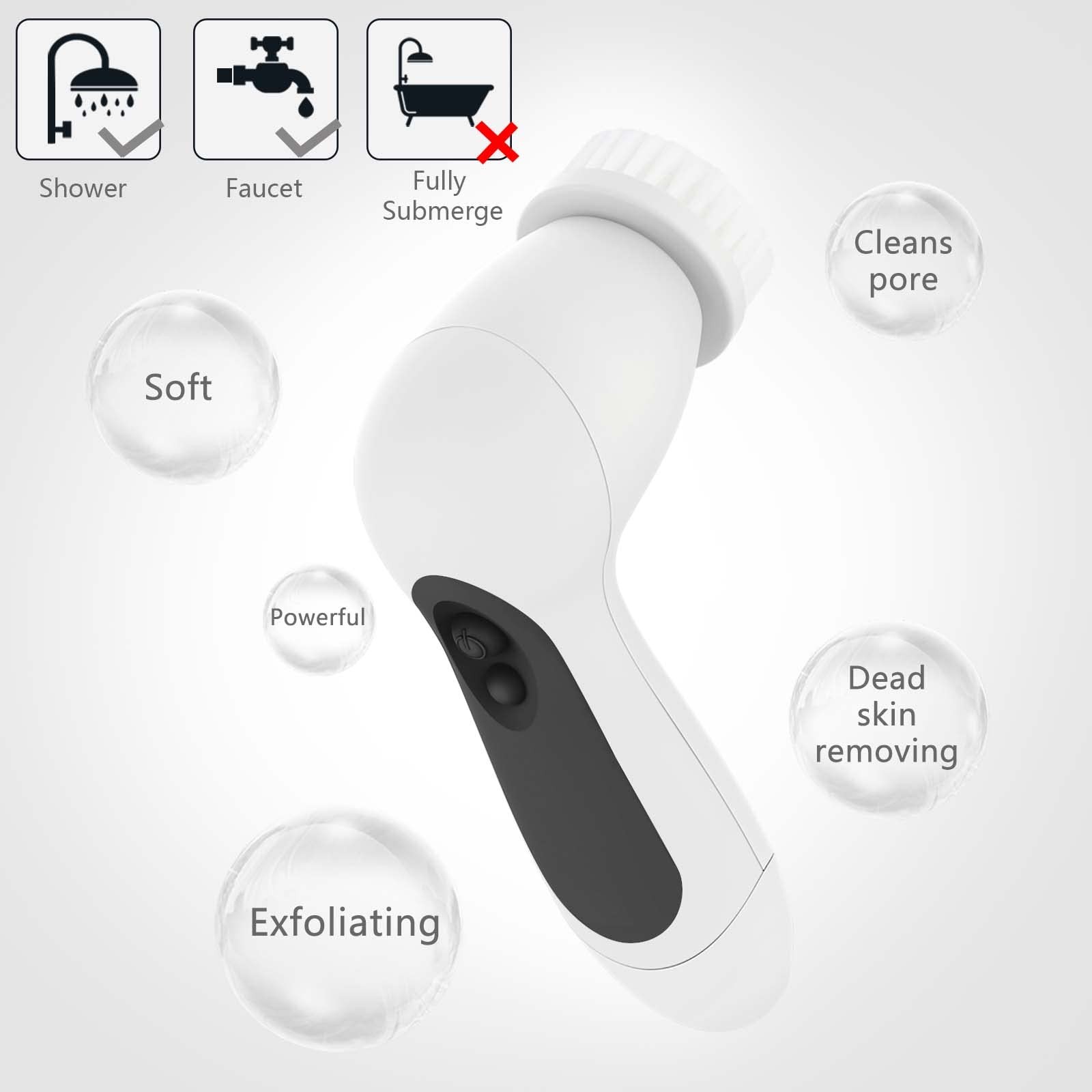Waterproof Facial Cleansing Spin Brush Set with 5 5 Piece Set, Black