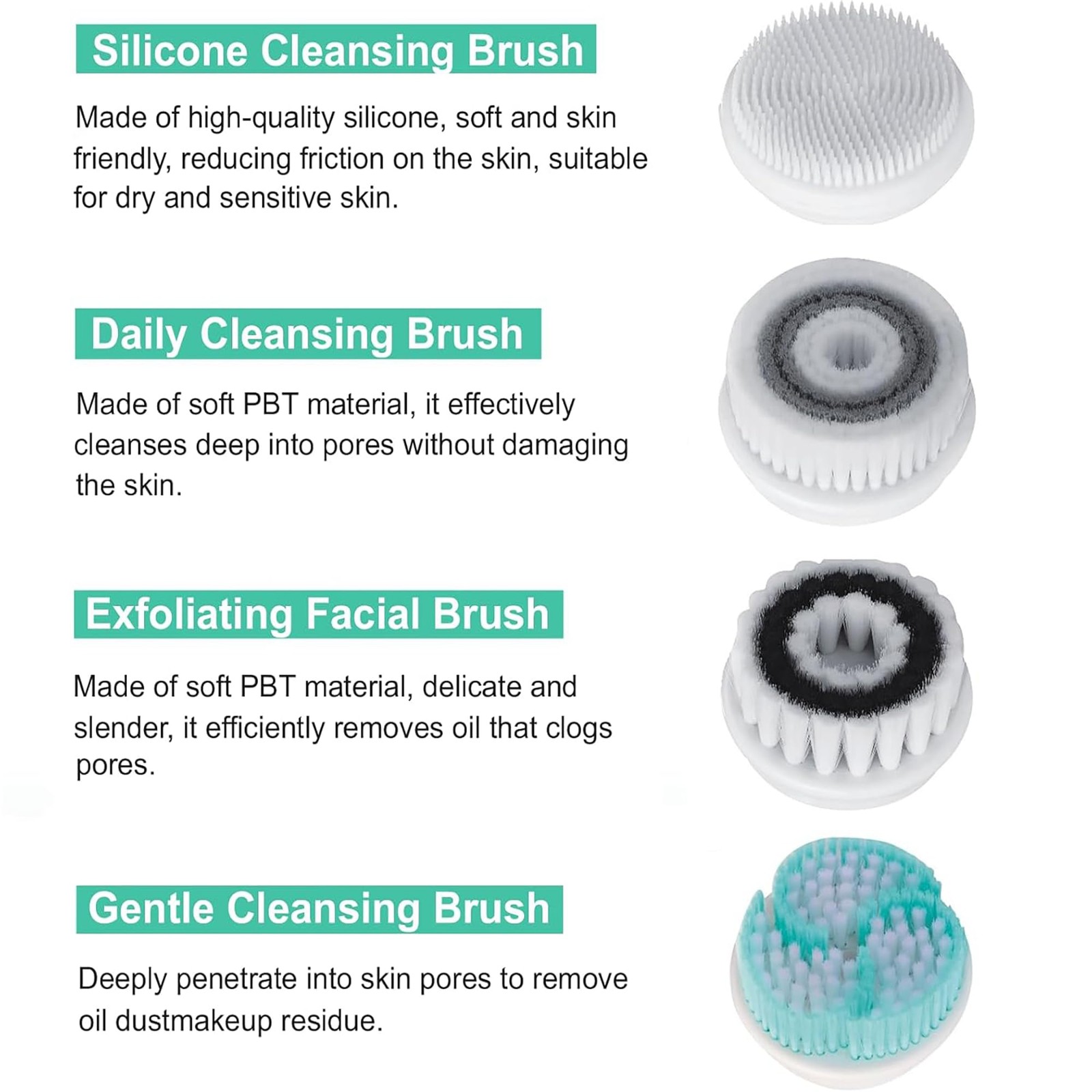Facial Cleansing Brush, Electric Face Scrubber with 4 Cleanser Heads Green