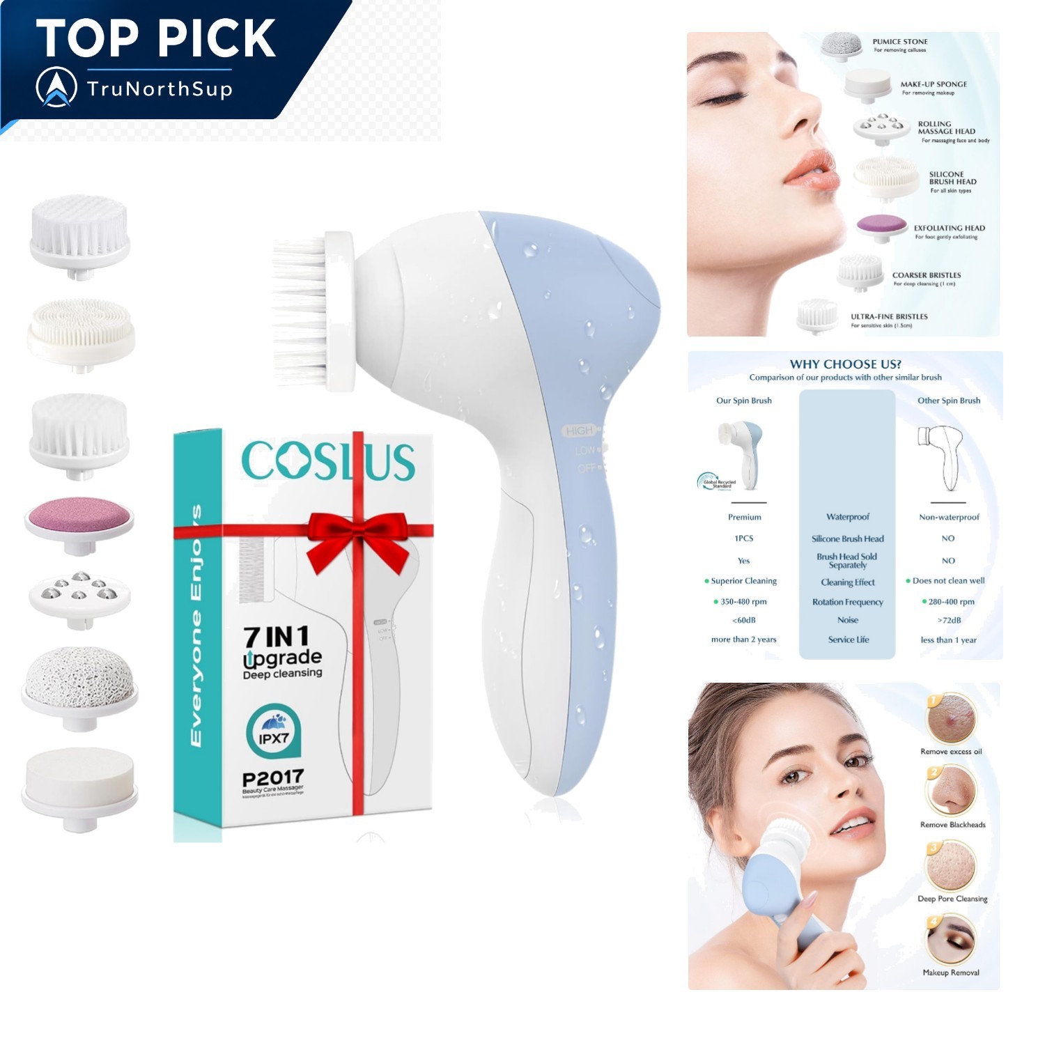 Facial Cleansing Brush 7 in 1 Silicone Face Scrubber with 7 Heads Waterproof …
