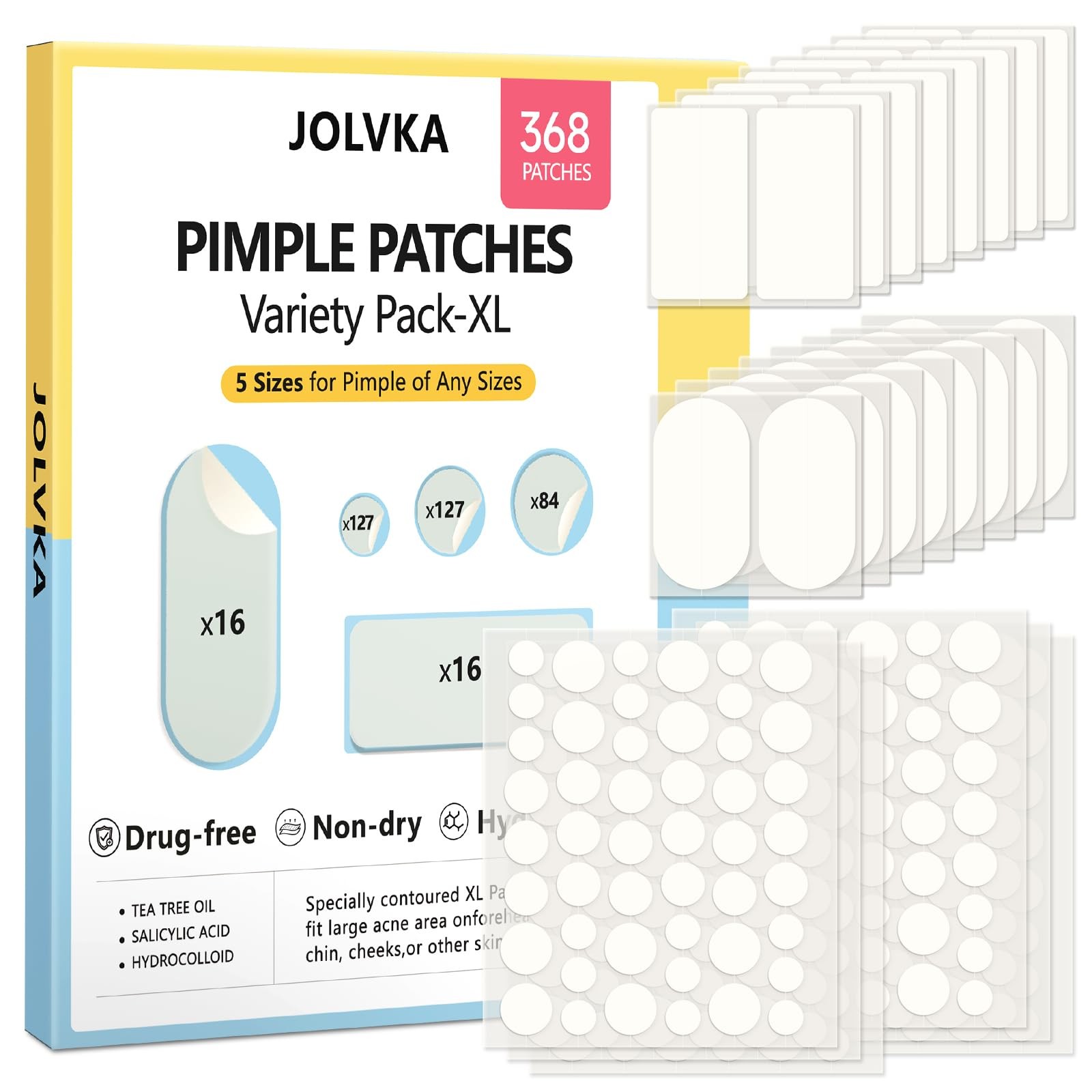 JOLVKA Pimple Patches for Face, 368 Counts 5 Sizes 1 Count (Pack of 368)