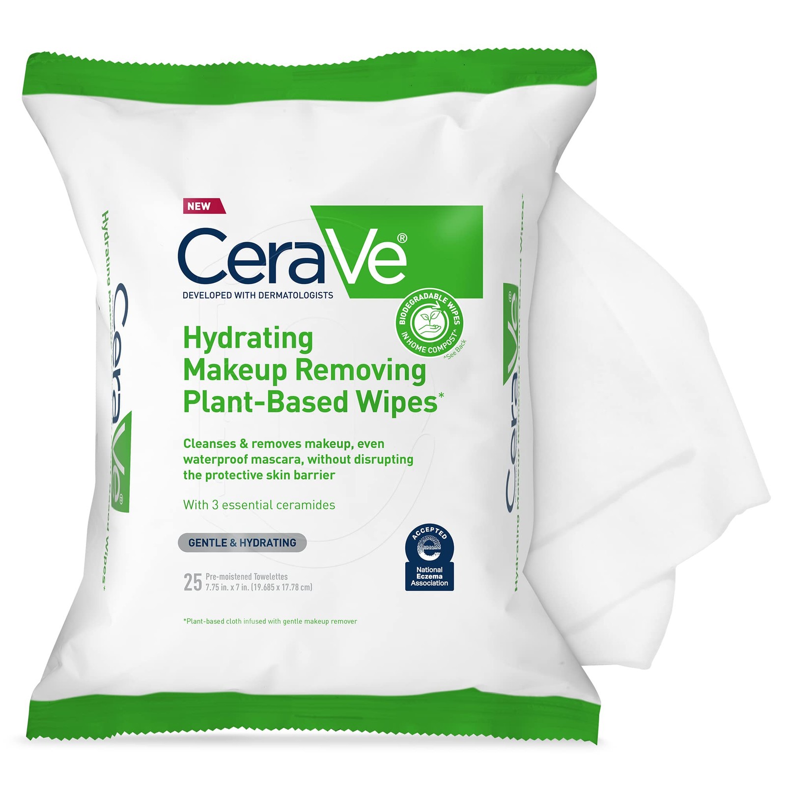 CeraVe Makeup Remover Wipes, Plant Based Face 1 Count (Pack of 25), GREEN