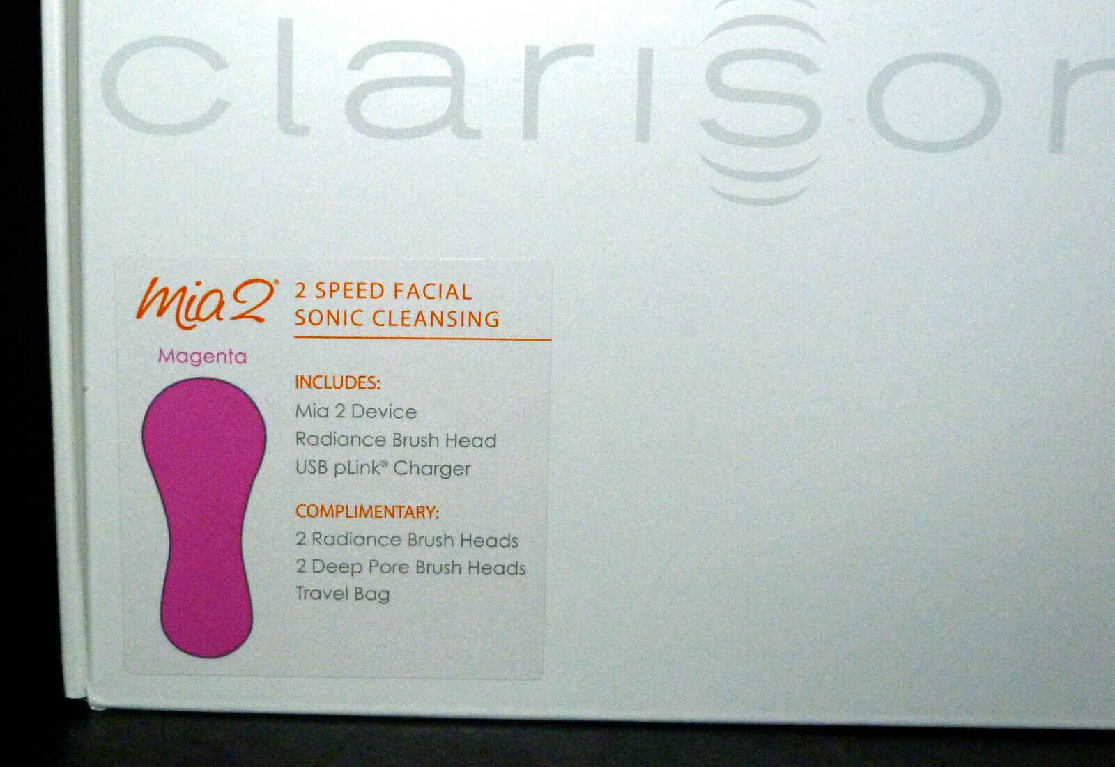 CLARISONIC MIA 2 ~ MAGENTA ~ 2 SPEED ~ 4 XTRA BRUSH HEADS ~ TRAVEL BAG ~ CHARGER