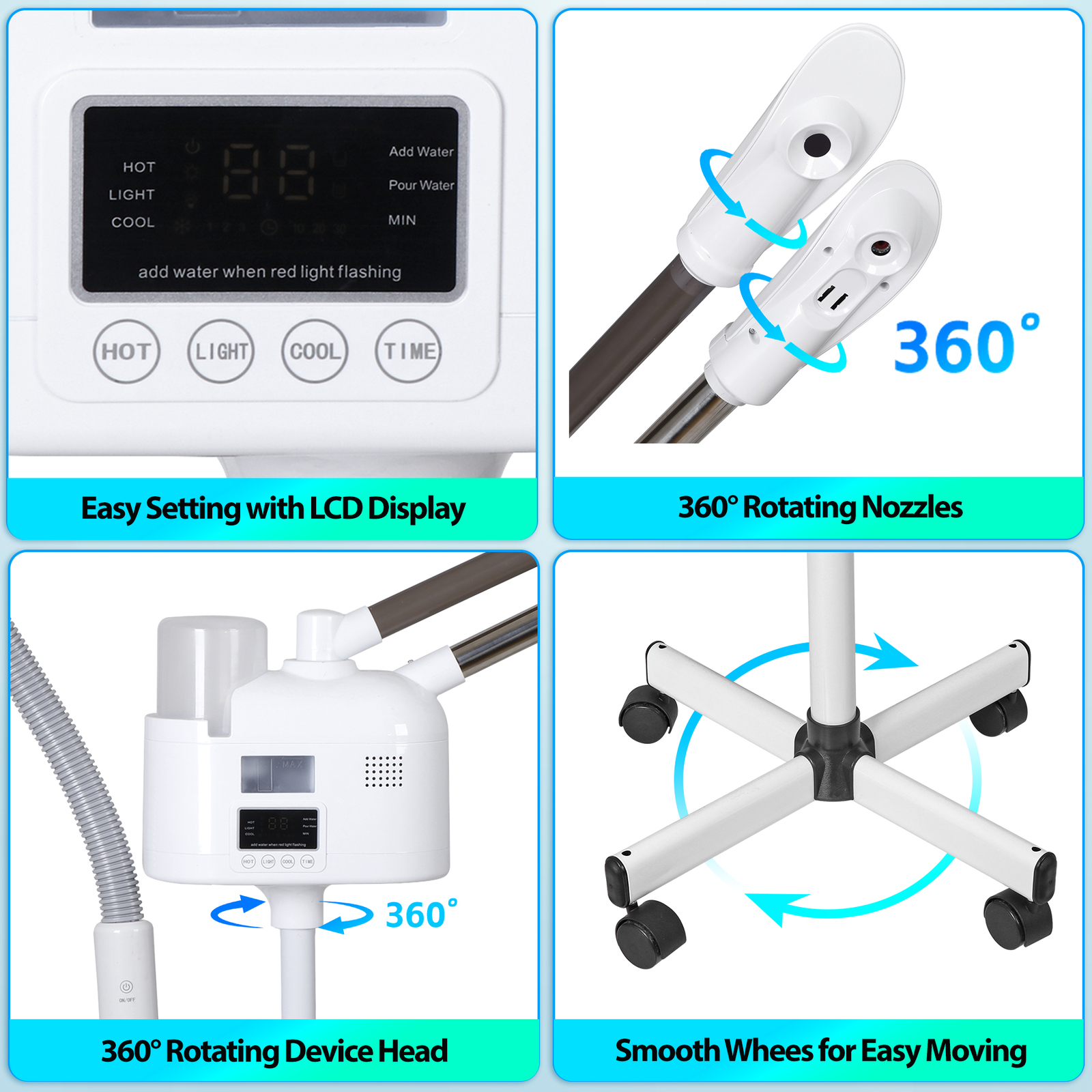3in1 Facial Steamer on Wheels Ionic Ozone w/5X Magnifying Lamp Hot Mist Function