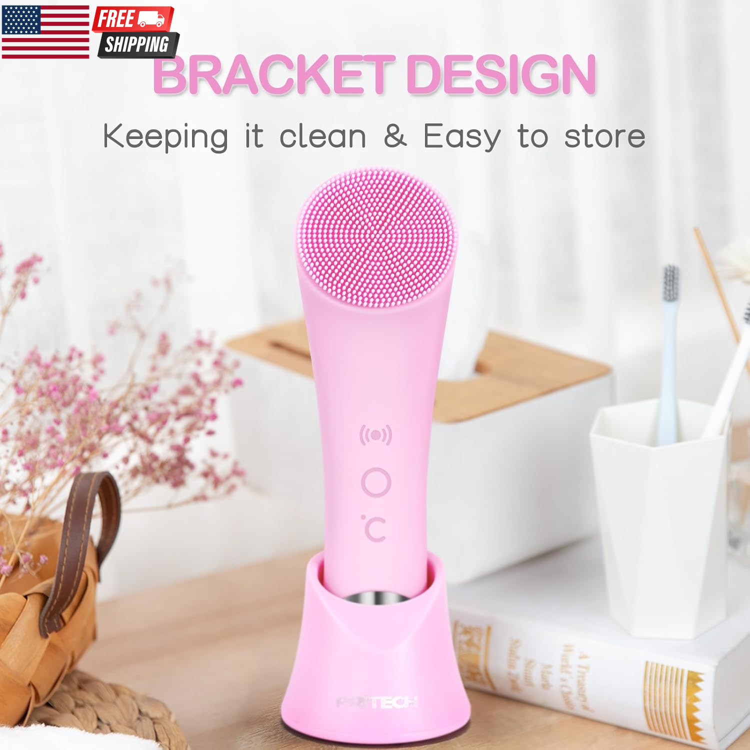 Facial Cleansing Brush, Rechargeable Silicone Face Scrubber with Heat Massage En