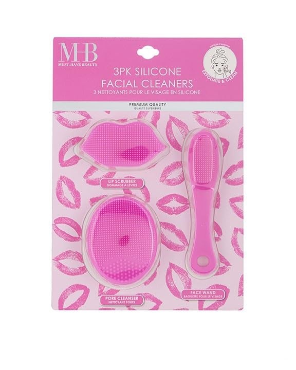 3pc Silicone Facial Cleaner Kit – Face Wand Lip Scrubber Pore Pink