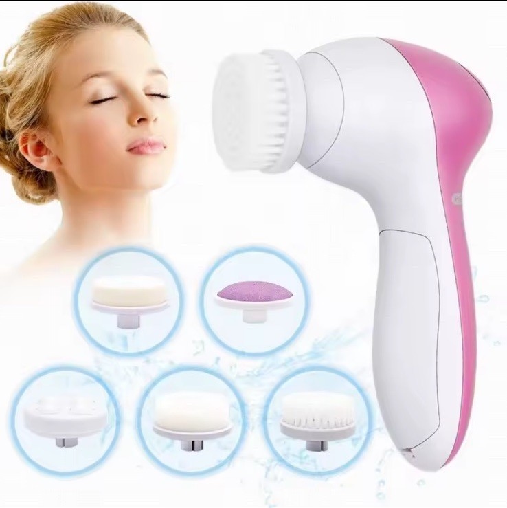 Electric Facial Brush, 5-in-1 Waterproof, Pink/White, 2 Speeds, Travel-Friendly