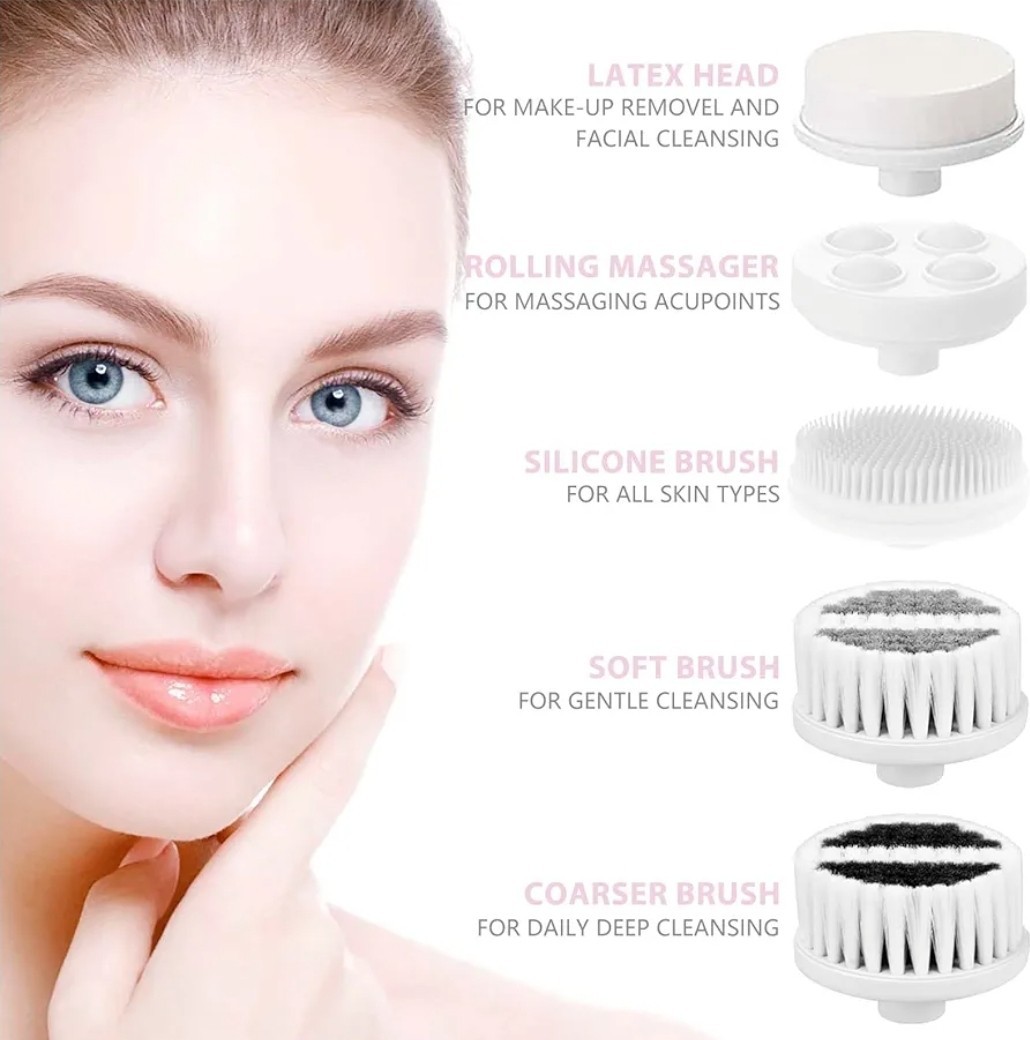 Waterproof Facial Cleansing Spin Brush Set with 5 Exfoliating Brush Heads – Elec