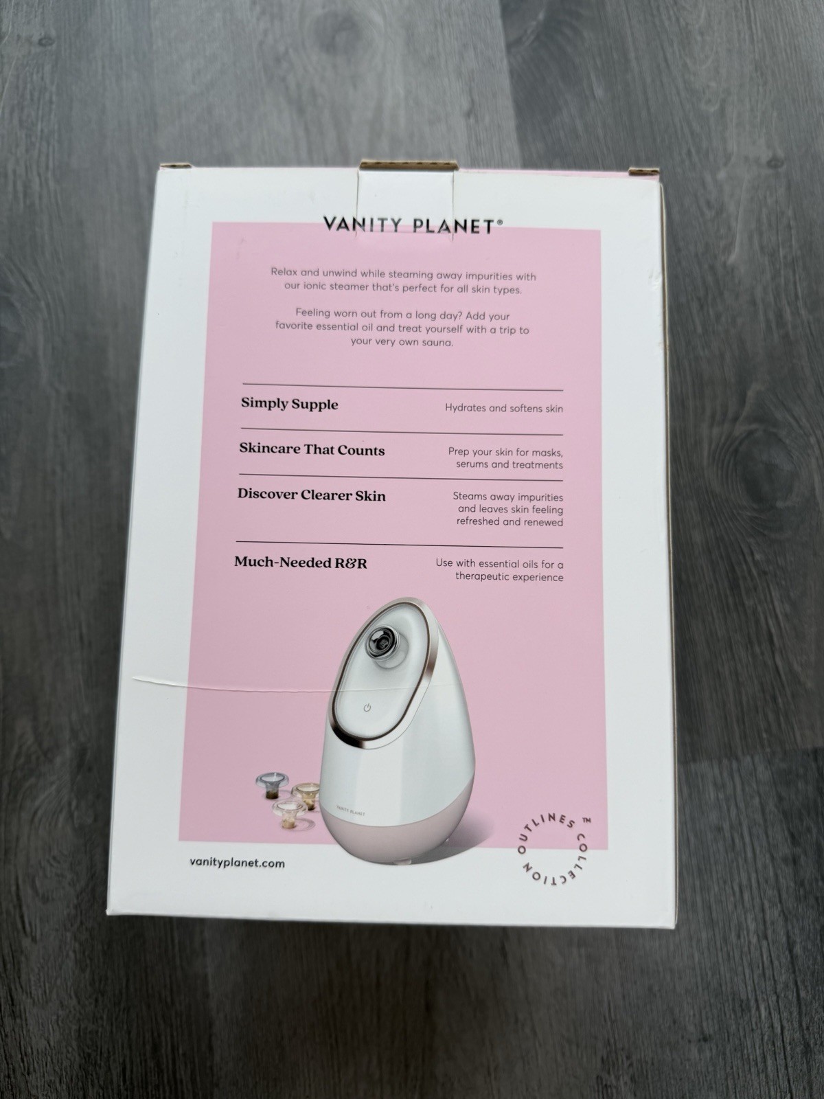 New in Box Vanity Planet Facial Steamer Hydrates and Softens Skin, White Pink