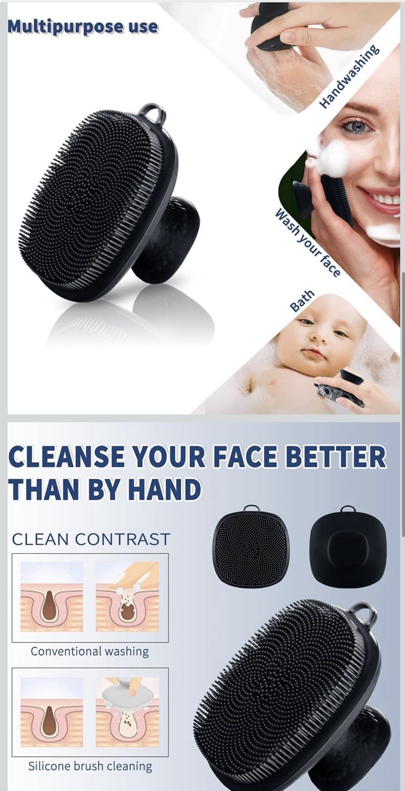 Silicone Facial Cleansing Brush Manual Exfoliating Massaging Scrubber Black