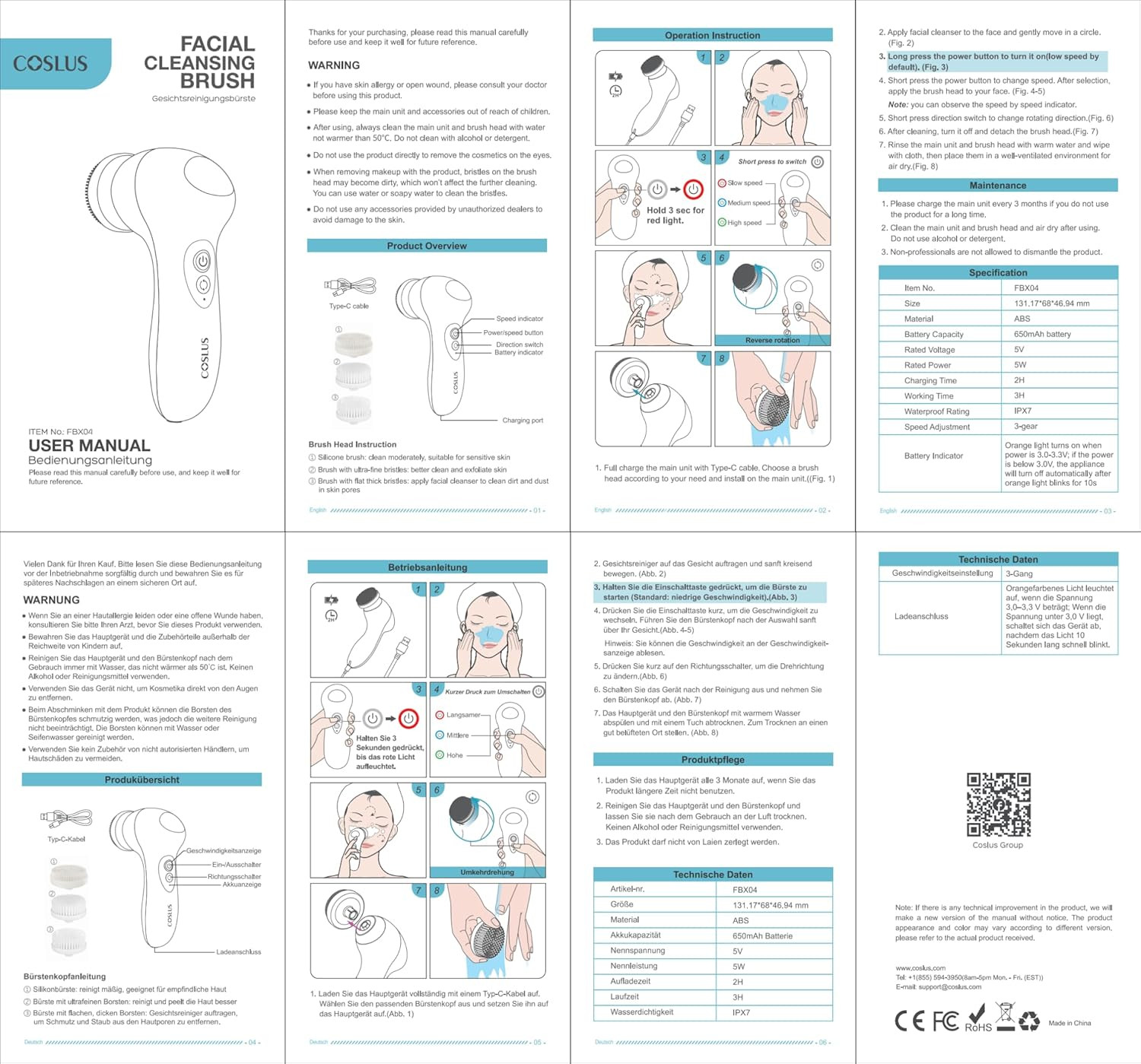 COSLUS FBX04 Facial Cleansing Brush Face Scrubber: 3 in 1 Bi-Directional Electri