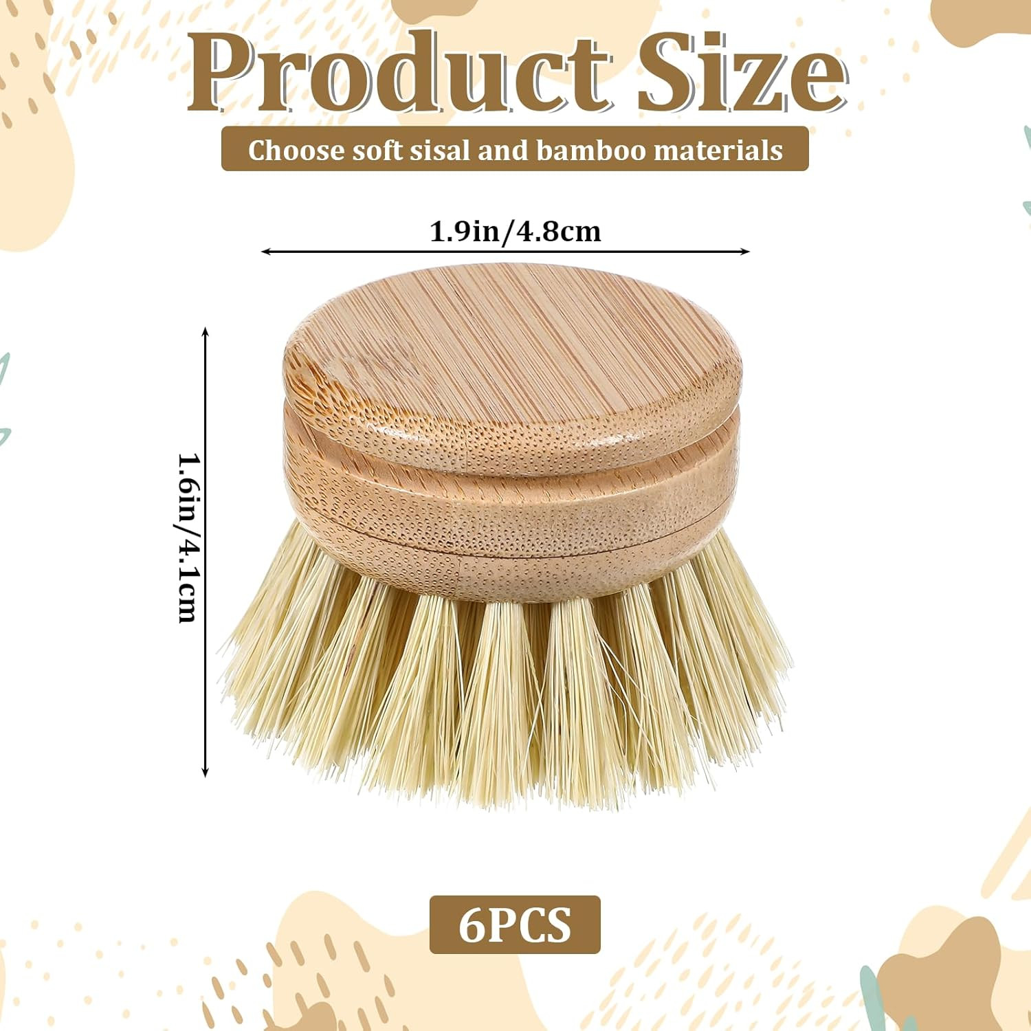 6 Pcs Bamboo Dish Brush Replacement Heads, 1.9 X 1.6 Inch Natural Sisal Bristle