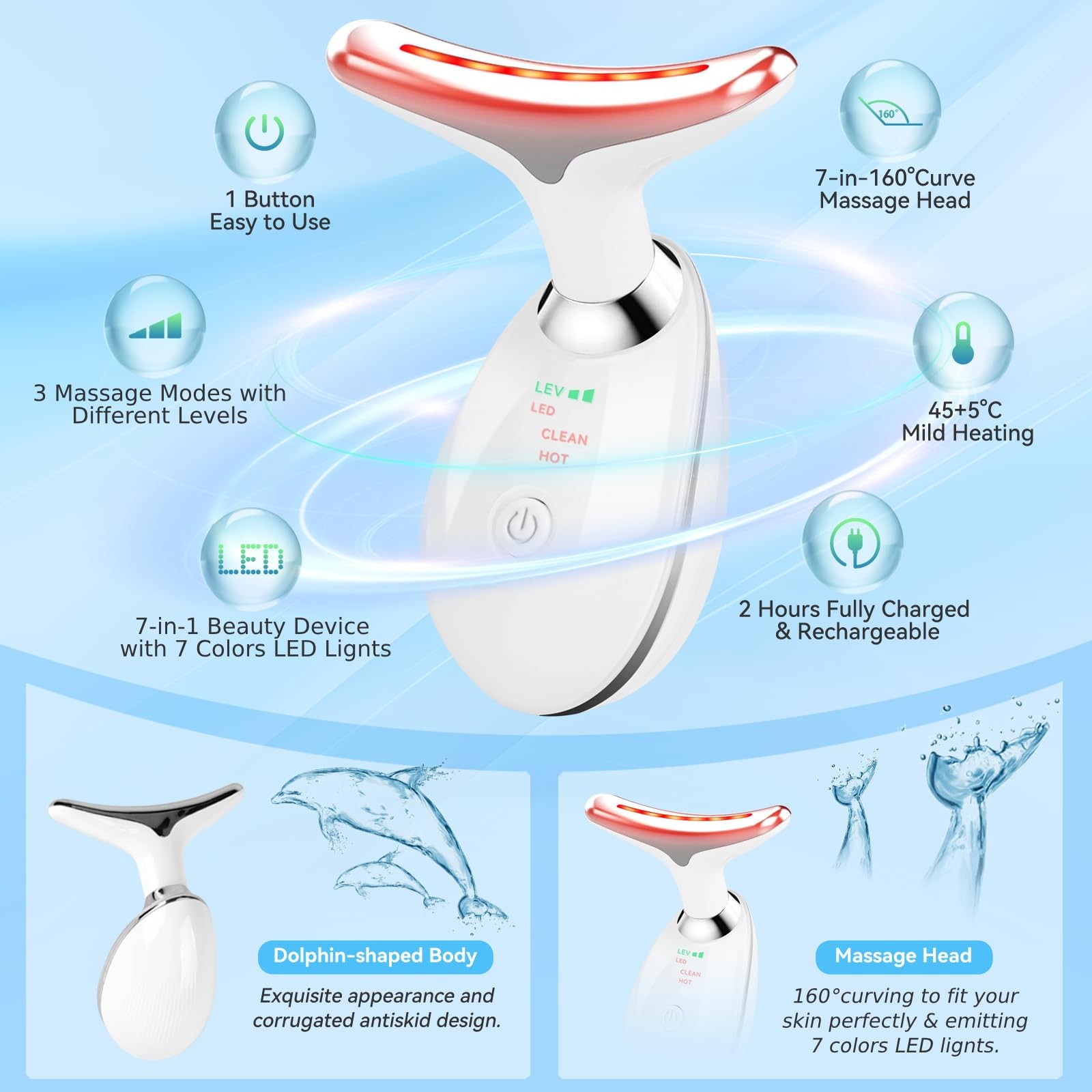 Face and Neck Massager T𝗈𝗈I, 7 C𝗈I𝗈r Facial for White