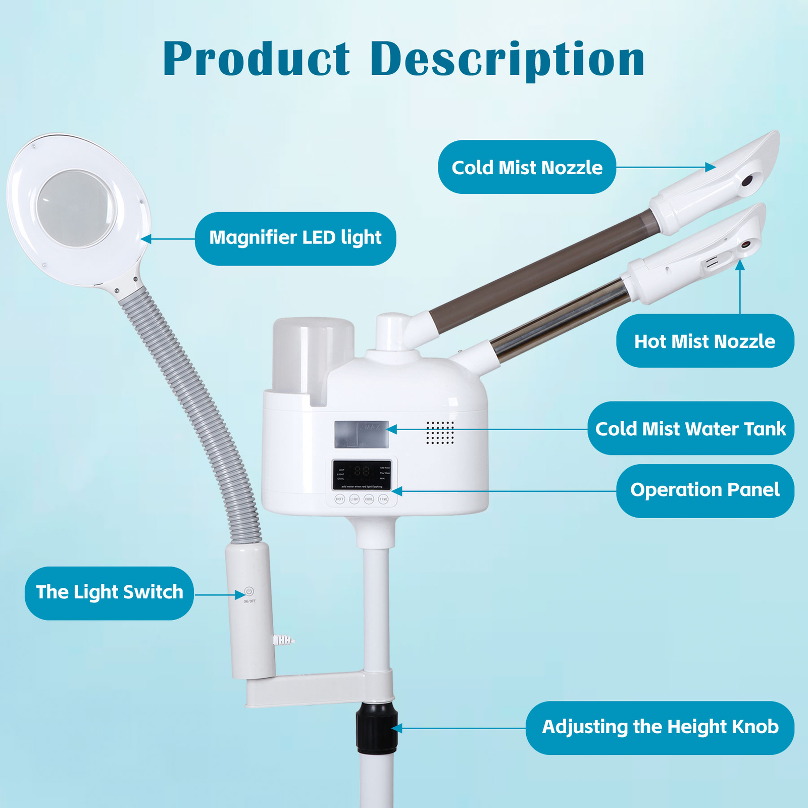 3in1 Facial Steamer on Wheels Ionic Ozone w/5X Magnifying Lamp Hot Mist Function