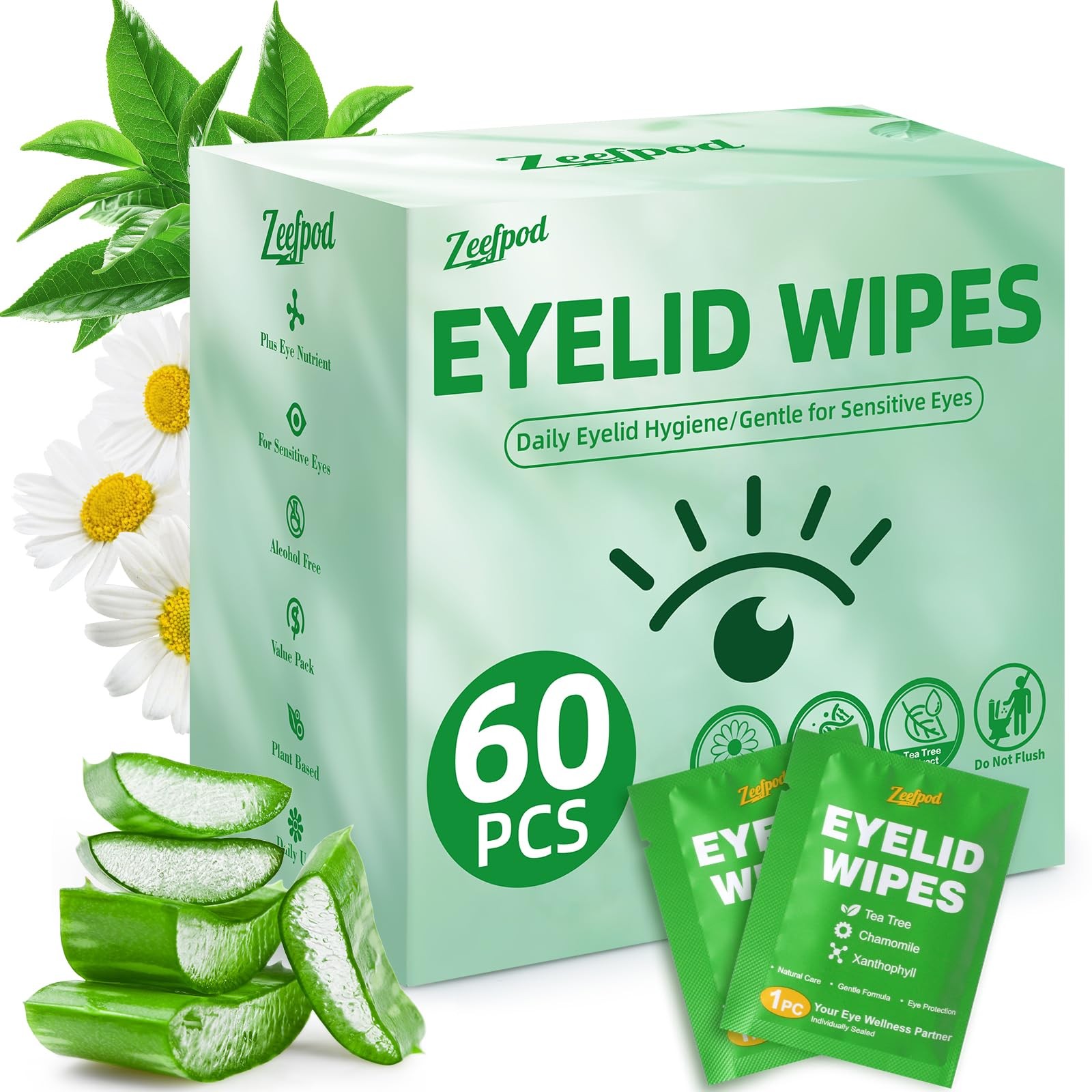 60PCS Tea Tree Oil Eyelid Wipes – Individually 1 Count (Pack of 60), Greeb
