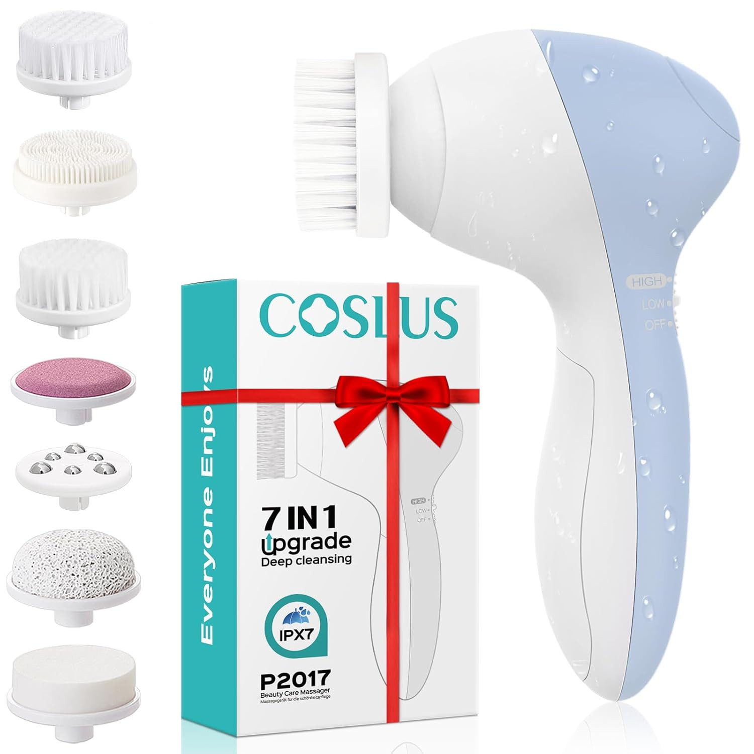 COSLUS Facial Cleansing Brush Silicone Face Scrubber: 7 in 1 FBS-D Electric Exfo