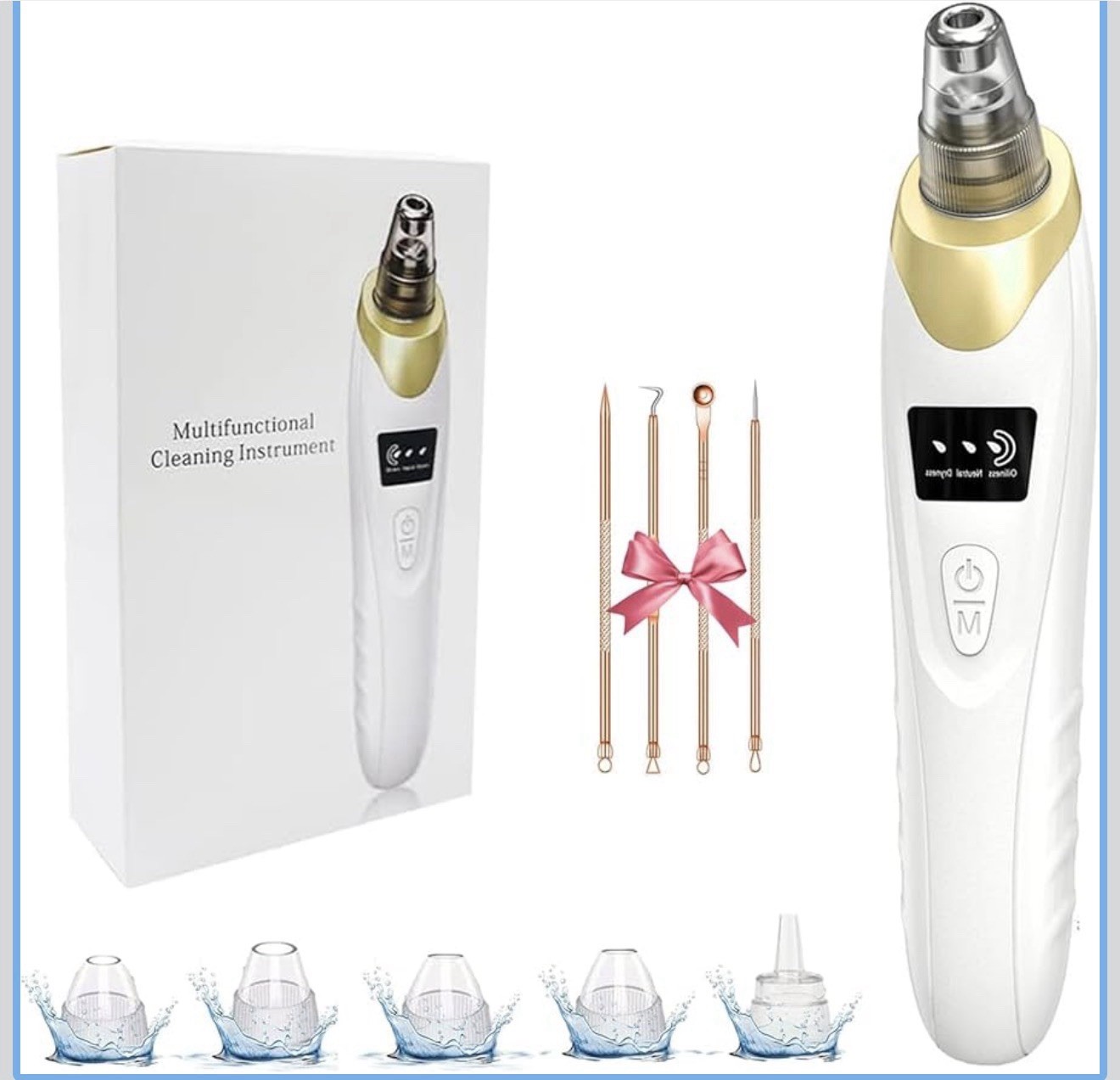 Facial Pore Vacuum Cleansing Device Blackhead Remover w/ 5 Heads White/Gold