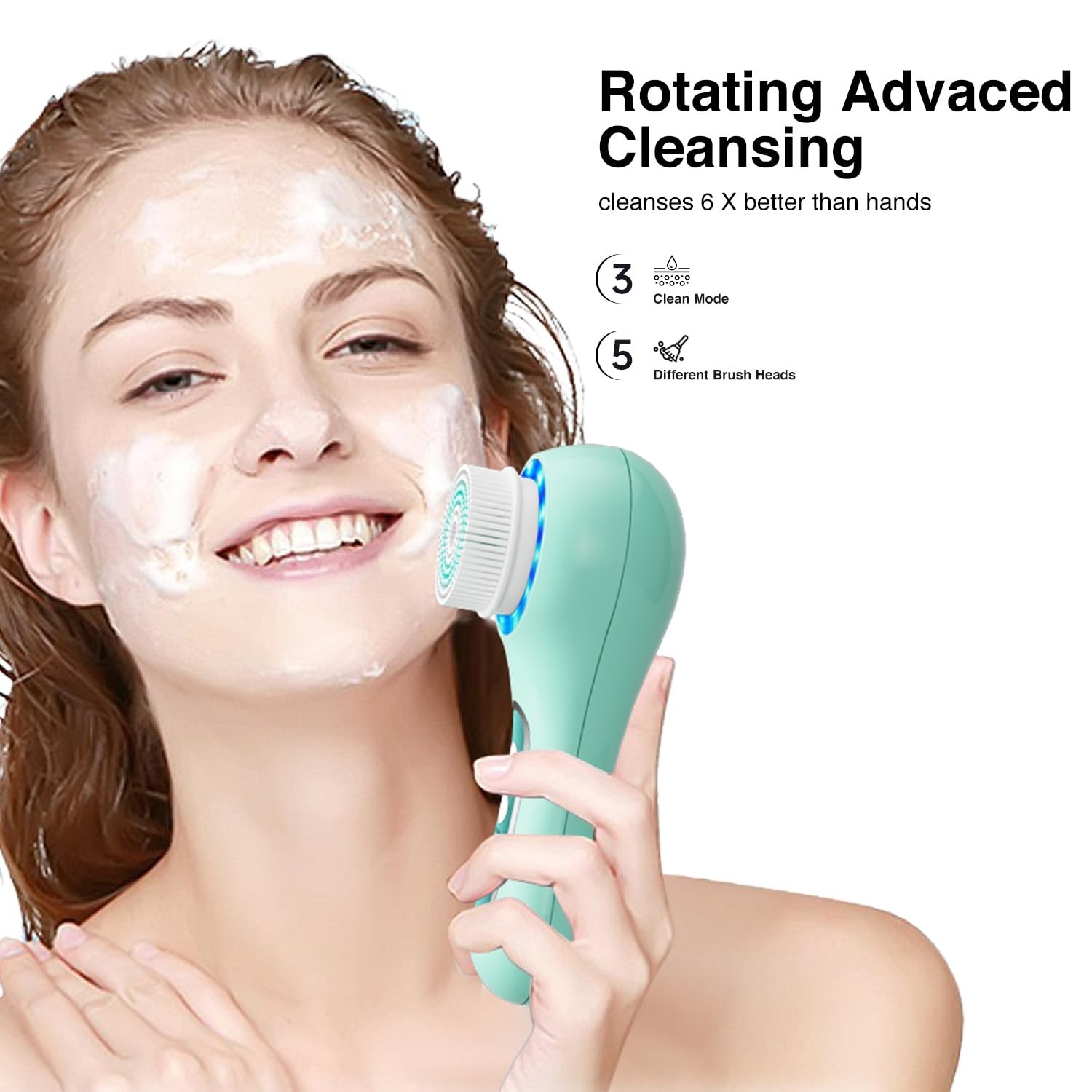 Electric Facial Cleansing Brush – 2-Way Rotating Scrubber, 3 Modes, 5 Heads, Wat