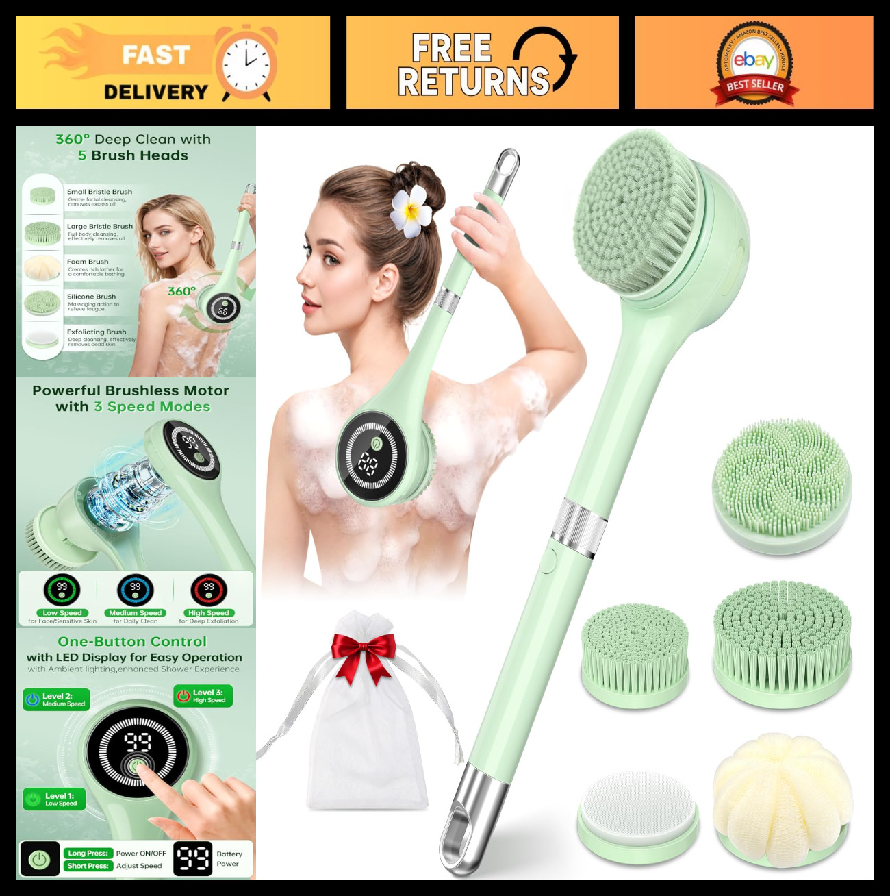 Waterproof Electric Body Brush with Long Handle, 5 Heads, 3-Speed Rechargeable,