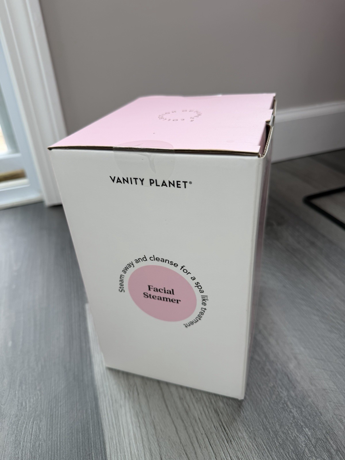 New in Box Vanity Planet Facial Steamer Hydrates and Softens Skin, White Pink