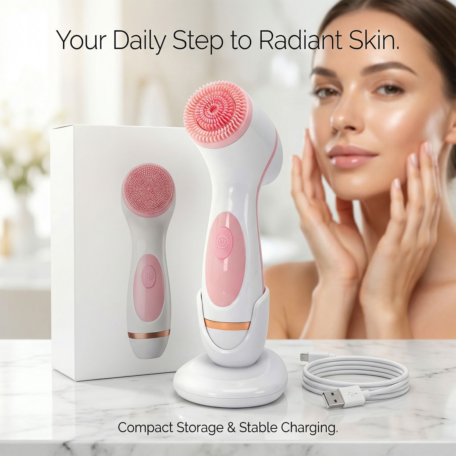 Facial Cleansing Brush Rechargeable IPX5 Water Proof Face Scrubber With 3 Head