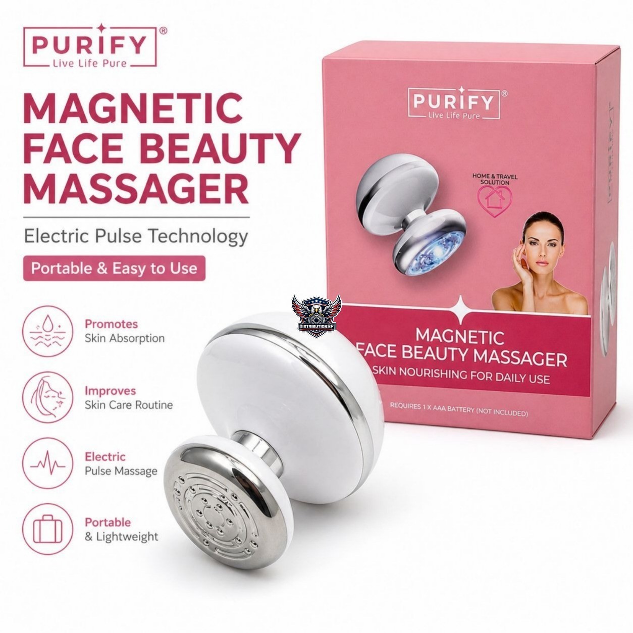 Purify Magnetic Face Beauty Massager Electric Pulse Facial Skin Care Tool Portab