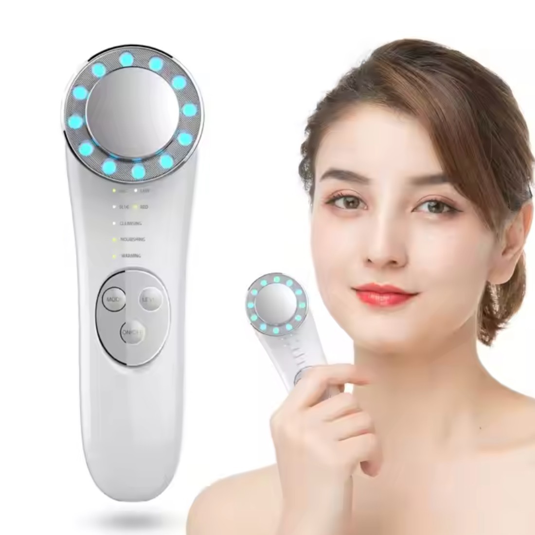 Electric Facial Brush Red & Blue LED Light High Frequency Vibration Heating