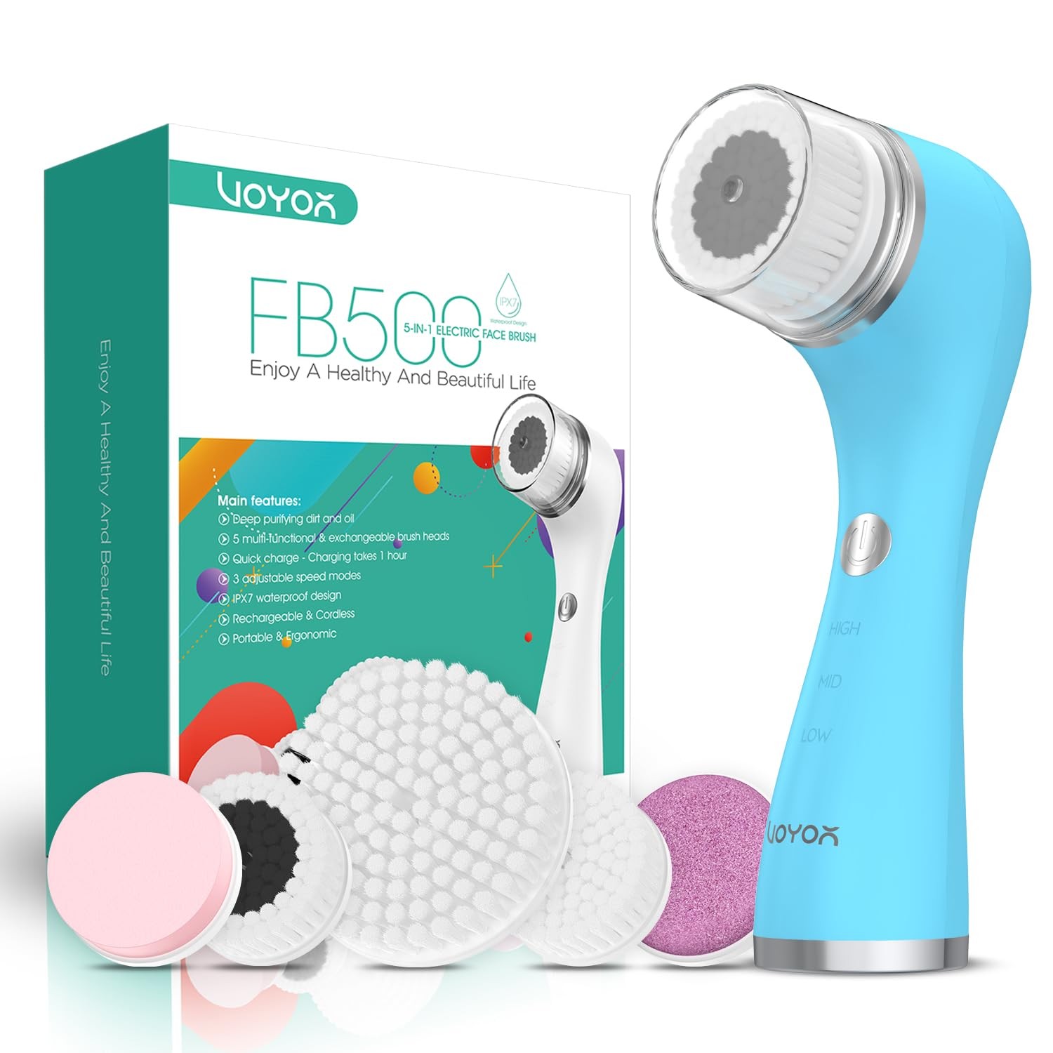 VOYOR Facial Cleansing Brush FB500 5-in-1 Spin Face Brush Waterproof Blue