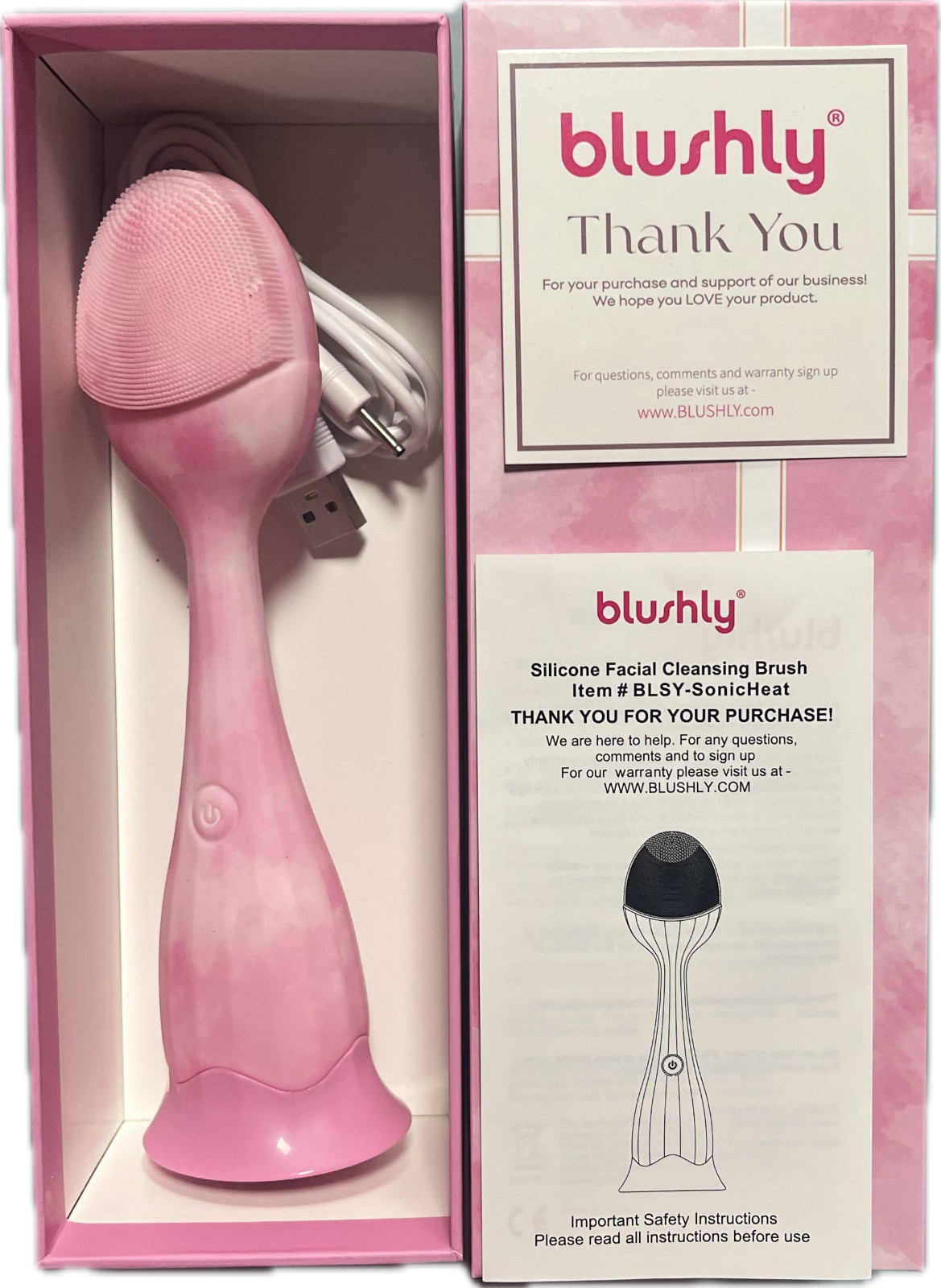 New Silicone Facial Cleansing Brush with Heat by Blushly, Pink Marble
