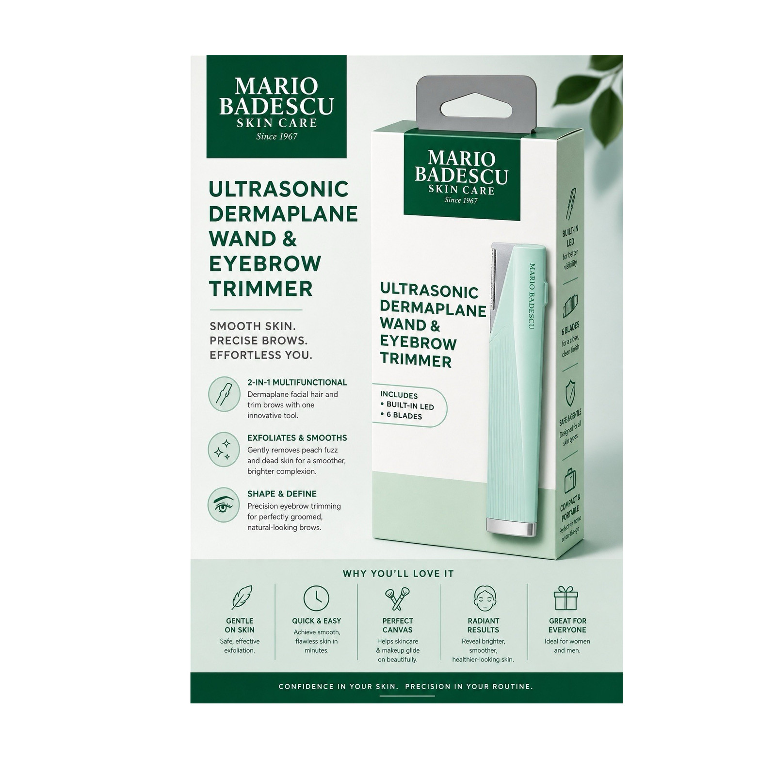 Mario Badescu Ultrasonic Dermaplane Wand Eyebrow Trimmer LED 3-Speed Green