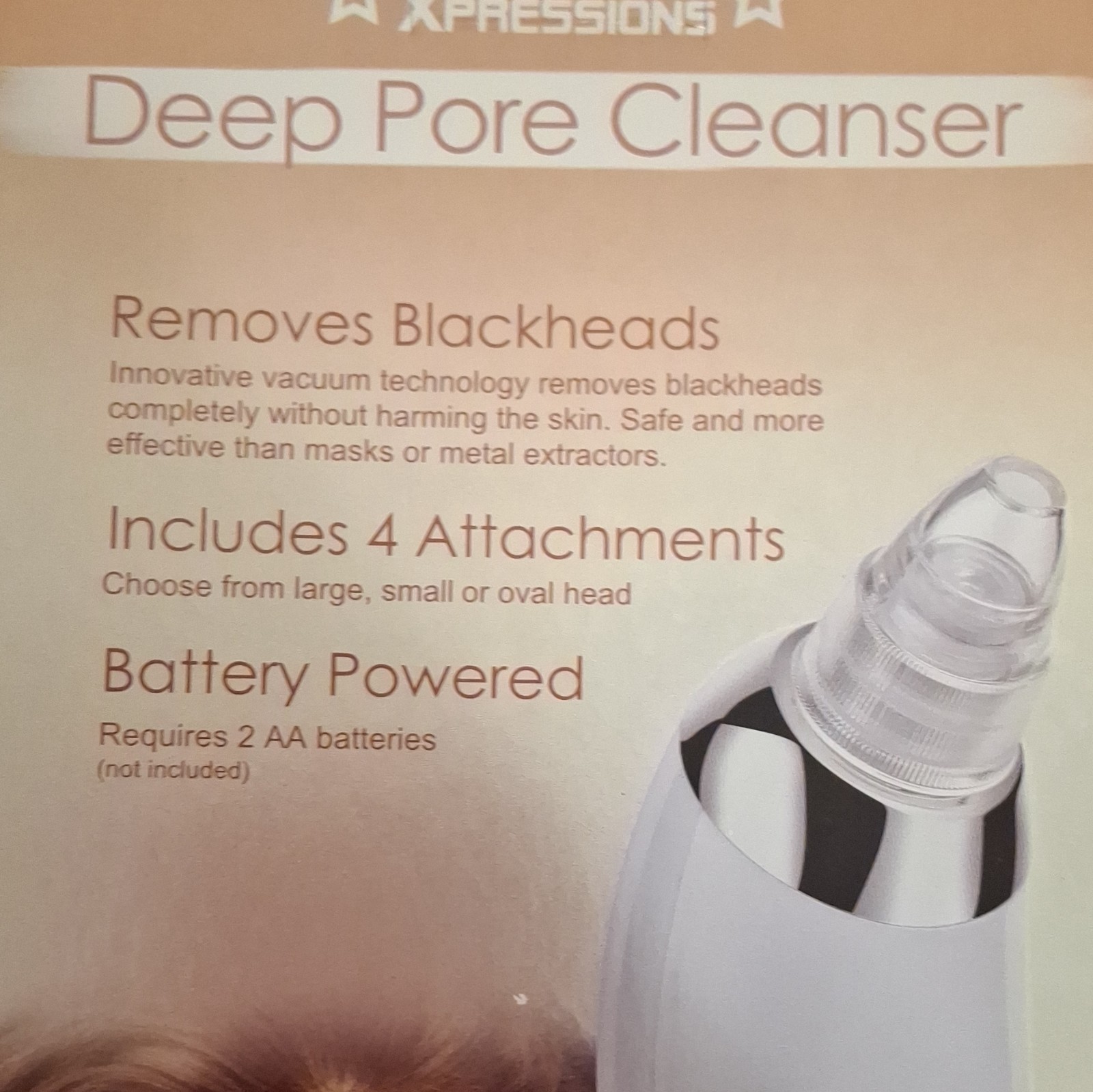 Xpressions Deep Pore Cleanser Battery Powered Blackhead Remover, White, 4 Tips
