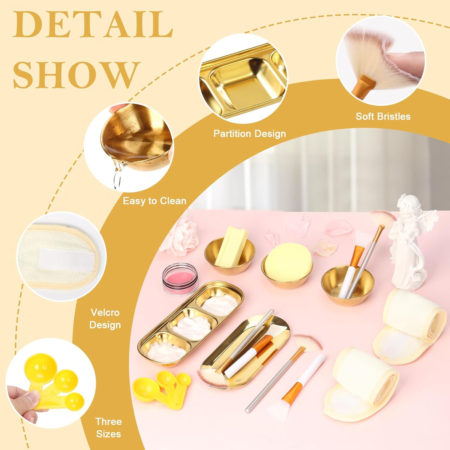 28 Gold Facial Supplies 3 Facial Mask Mixing Bowls 3 Facial Fan Brushes 3 Mask A