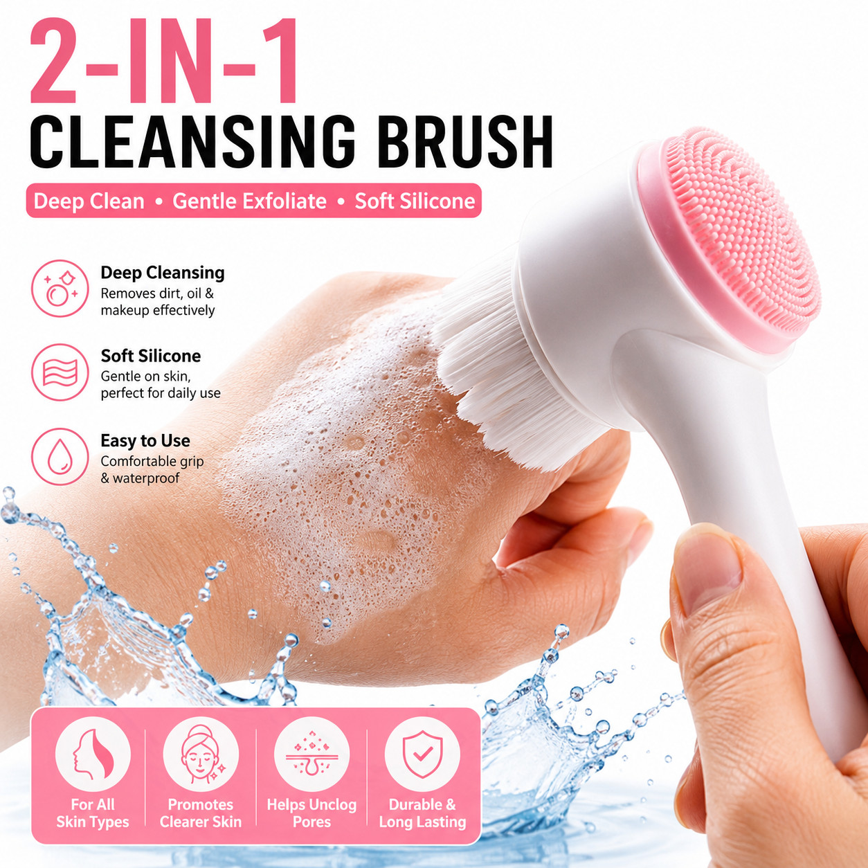 2 in 1 Facial Cleansing Brush Soft Bristle & Silicone Face Scrubber Deep Clean