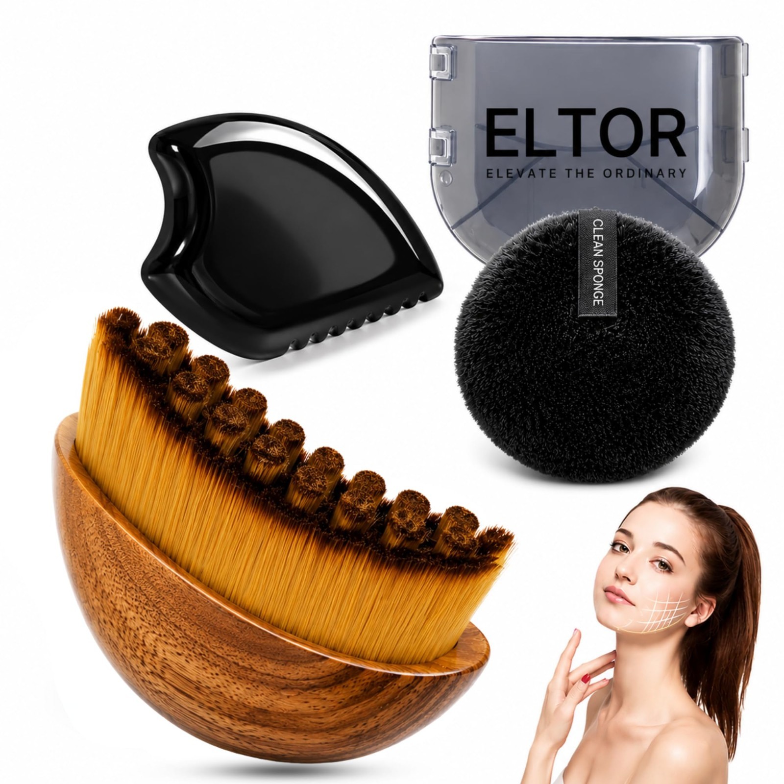 Lymphatic Drainage Face Brush & Gua Sha Stone Set | Anti-Puffiness & Sculpting T