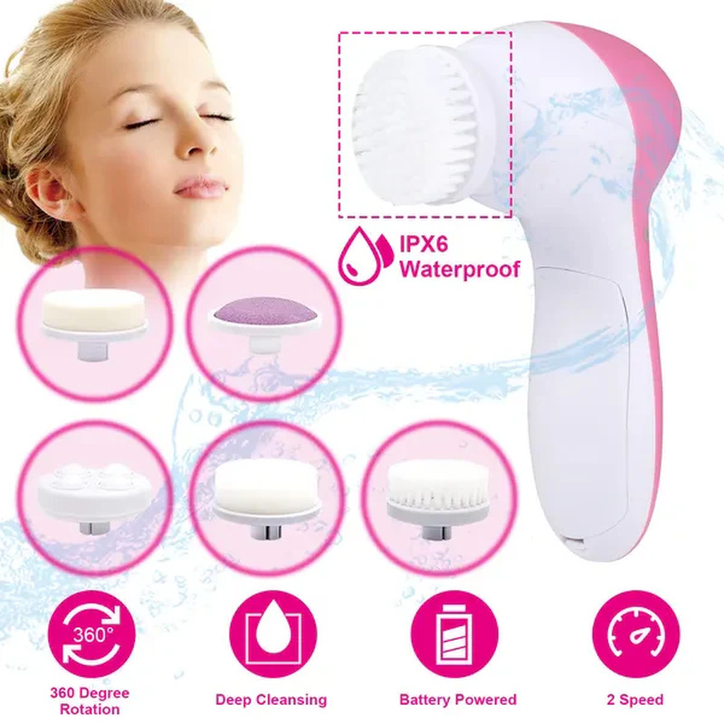 Waterproof Facial Cleansing Brush with 5 Brush Heads, Electric Face Scrubber