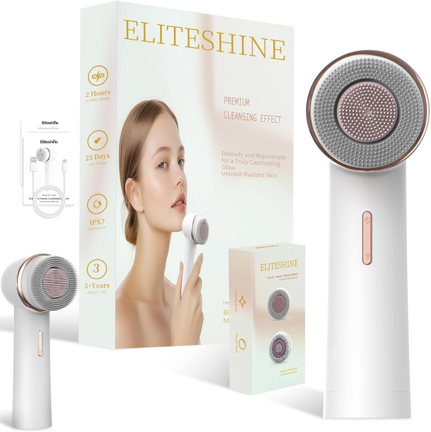 Electric Facial Cleansing Brush with Silicone and Bristle Brushheads,Gentle Elec