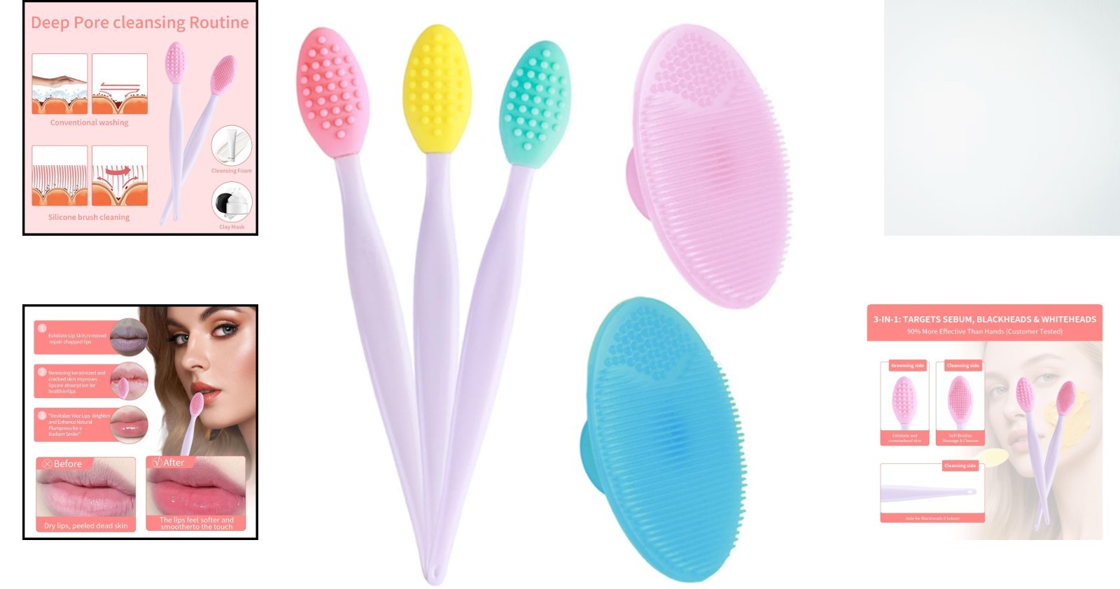 3-Pc Silicone Lip Scrub & 2-Pc Facial Cleansing Brush Set for Flawless Skin