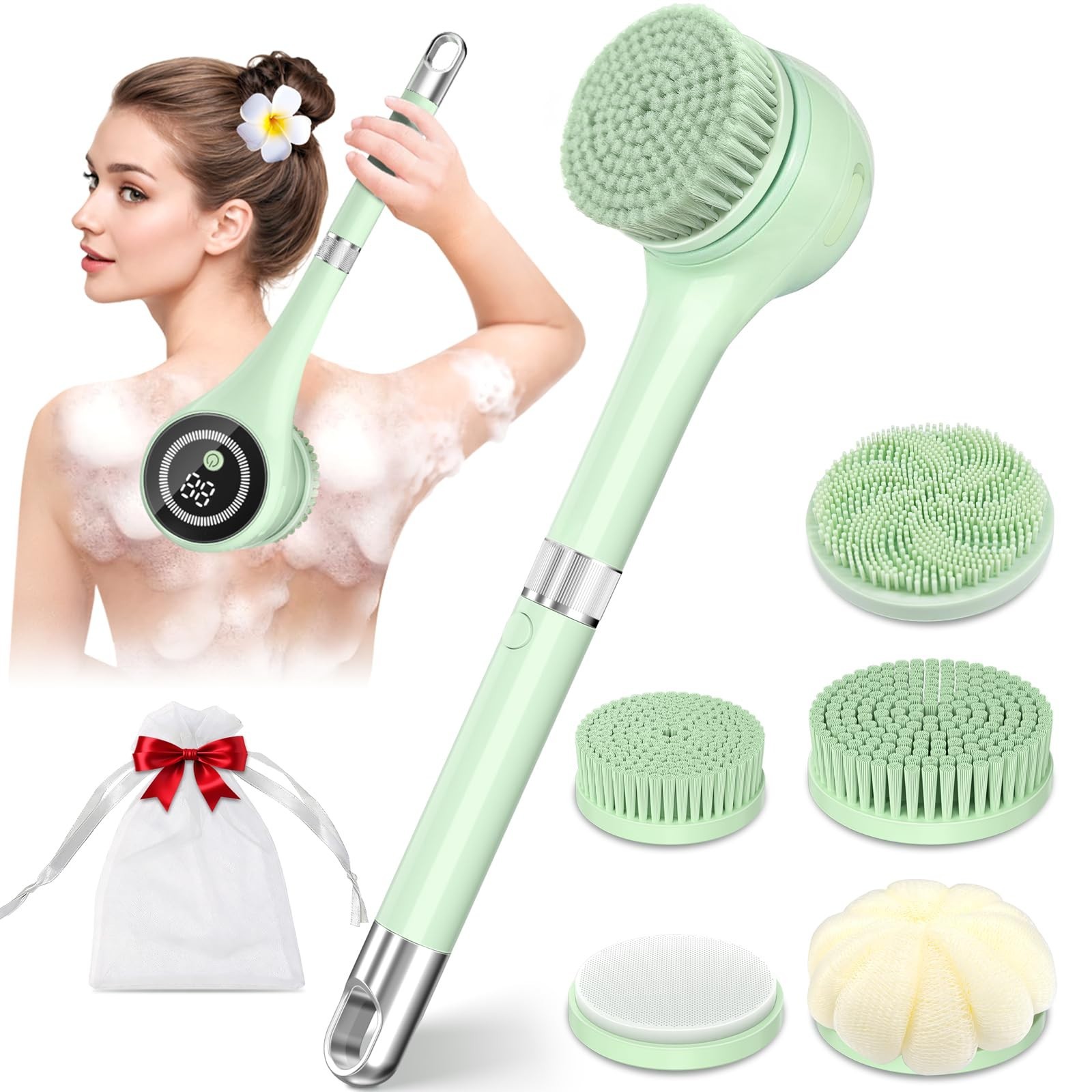 Waterproof Electric Body Brush with Long Handle, 5 Heads, 3-Speed Rechargeable,