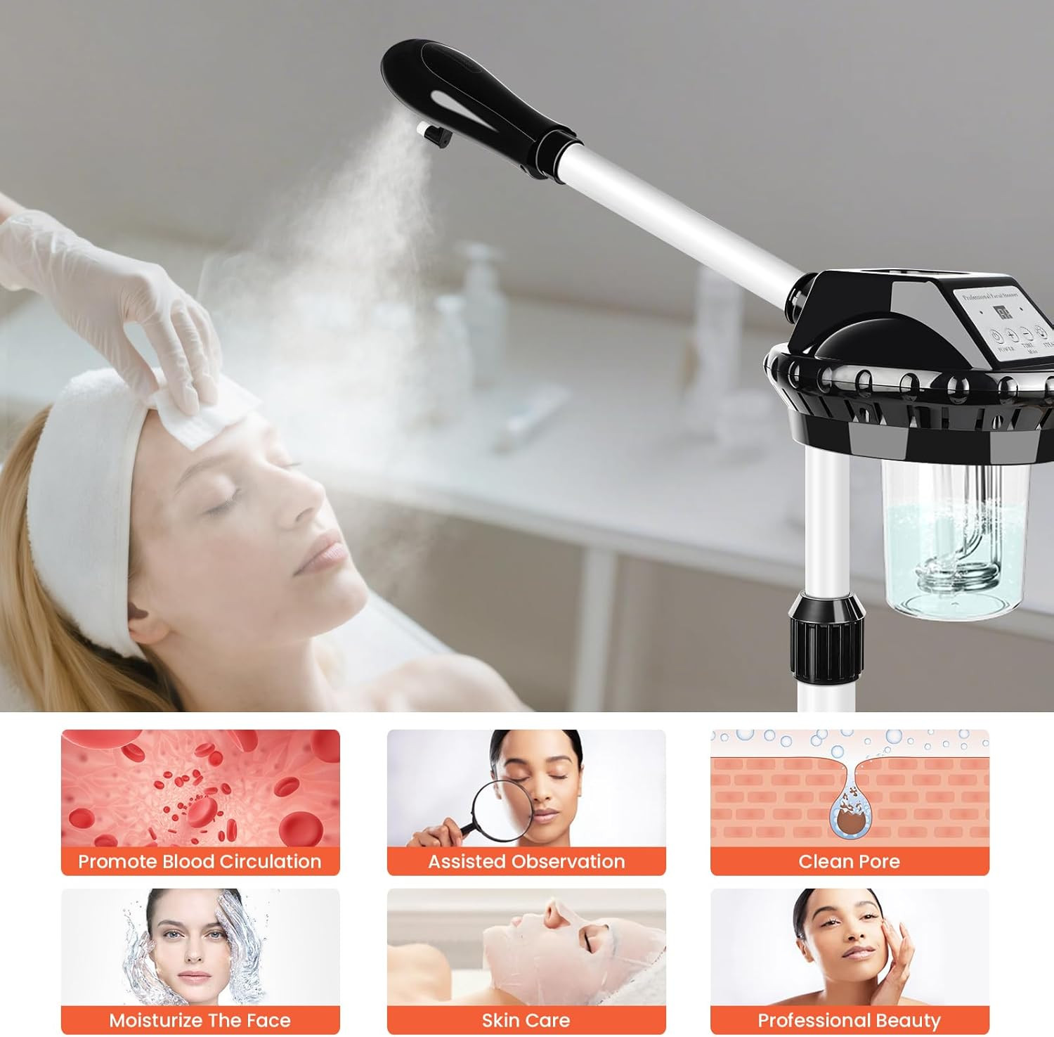 Professional Facial Steamer, Stand on Wheels Face Steamer, SPA Ozone Nano Steame