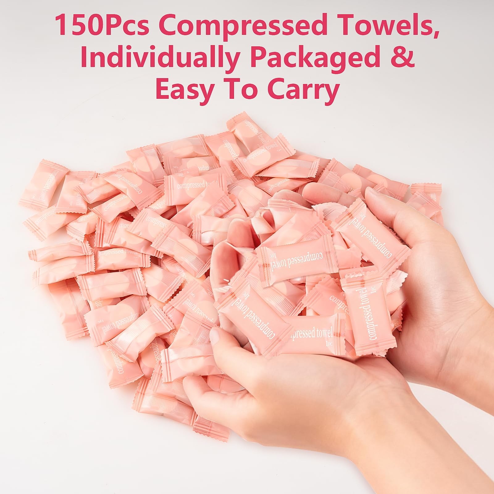150Pcs Compressed Towel Tablets, Portable Mini 1 Count (Pack of 150), Pink
