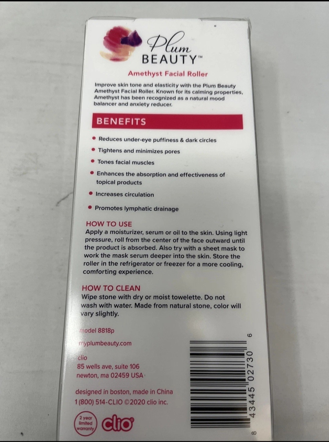 Plum Beauty Amethyst Facial Roller Purple Gold Reduces Puffiness Minimizes Pores