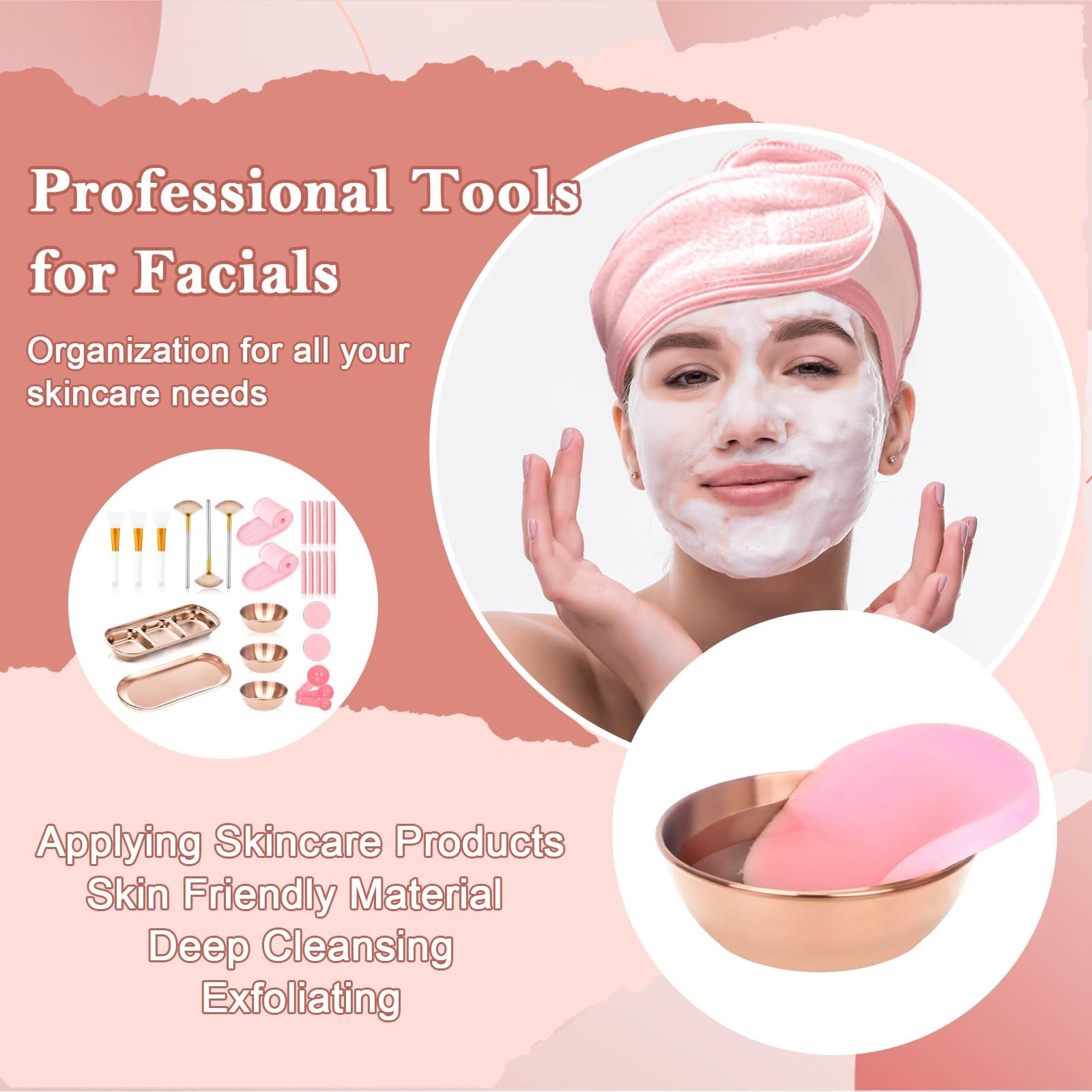 28 Rose Gold Facial Supplies Set – Mixing Bowls, Brushes, Spoons, Sponges & Tray