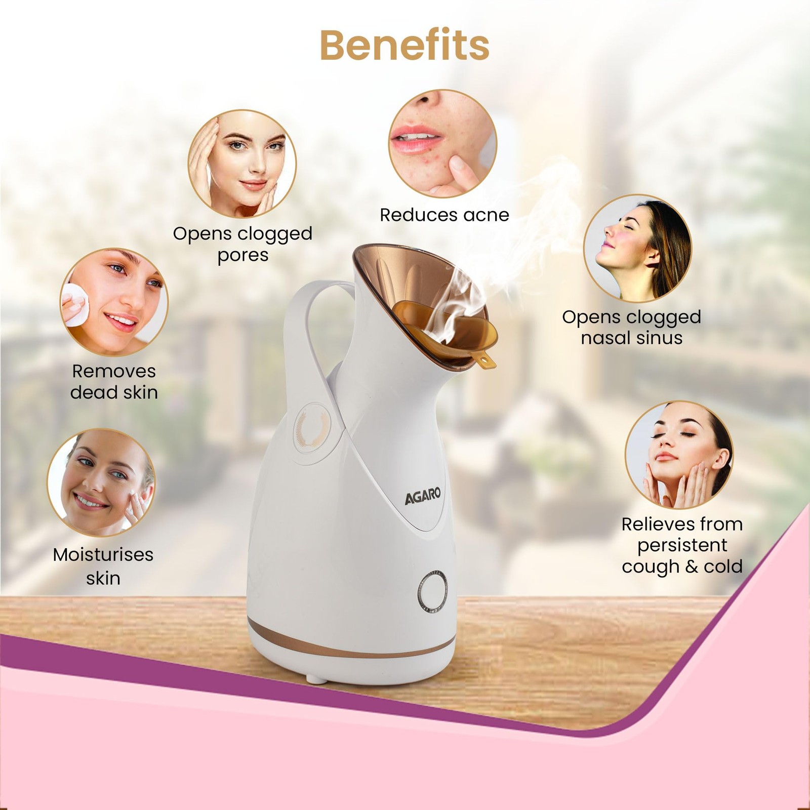 AGARO Facial Steamer Nano Ionic Hot Mist Spa, 100ml, Rose Gold, FS2117
