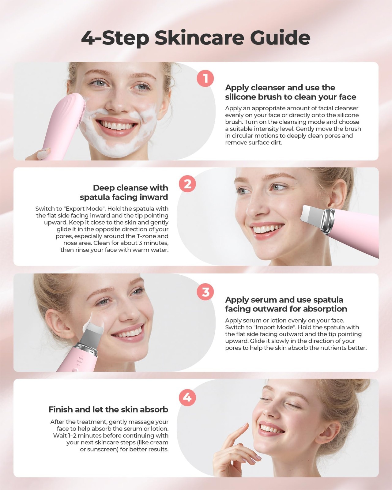 2-in-1 Facial Cleansing Brush & Massager, Waterproof Exfoliator, 7 Modes, Pink