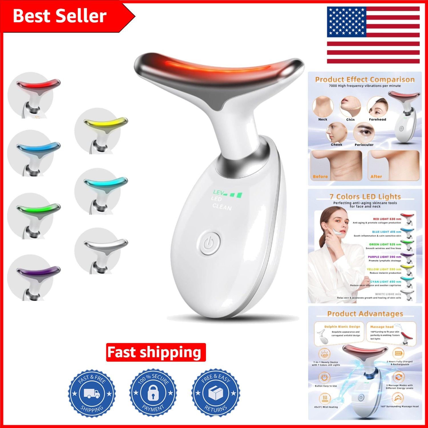 Gently Lifting 7 Color LED Beauty Device: Thermal & Vibration for Skin Wellness