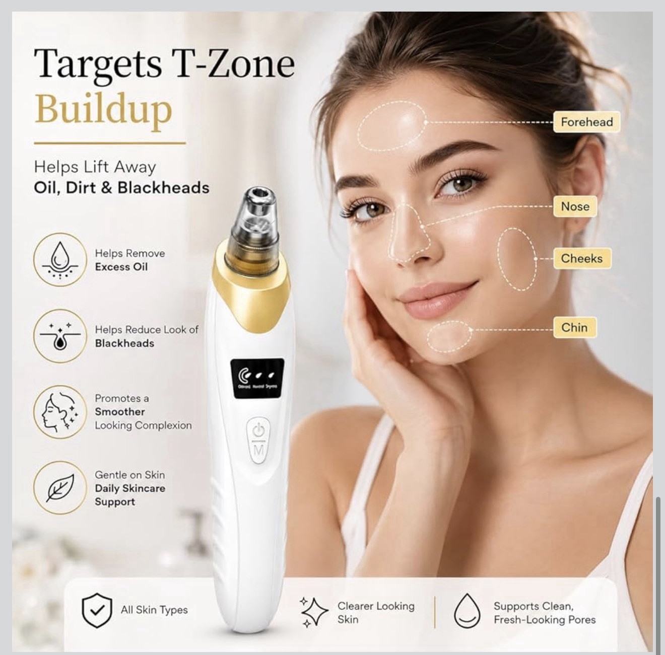 Facial Pore Vacuum Cleansing Device Blackhead Remover w/ 5 Heads White/Gold