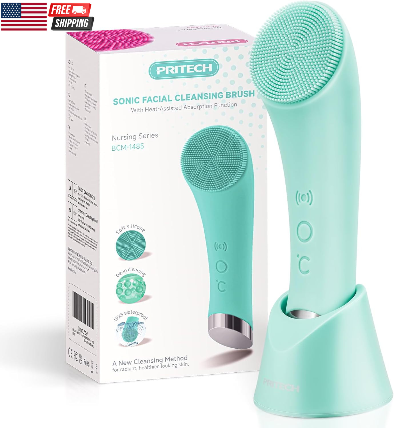 Facial Cleansing Brush, Rechargeable Silicone Face Scrubber with Heat Massage En