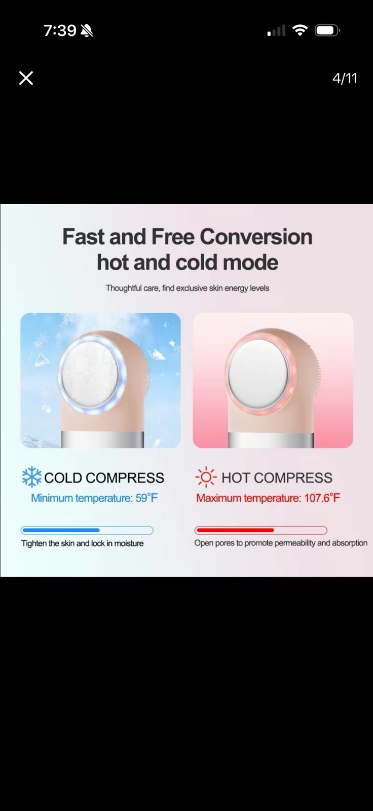 Hot & Cold Electric Facial Cleansing Brush, Silicone, IPX7 Pink/White