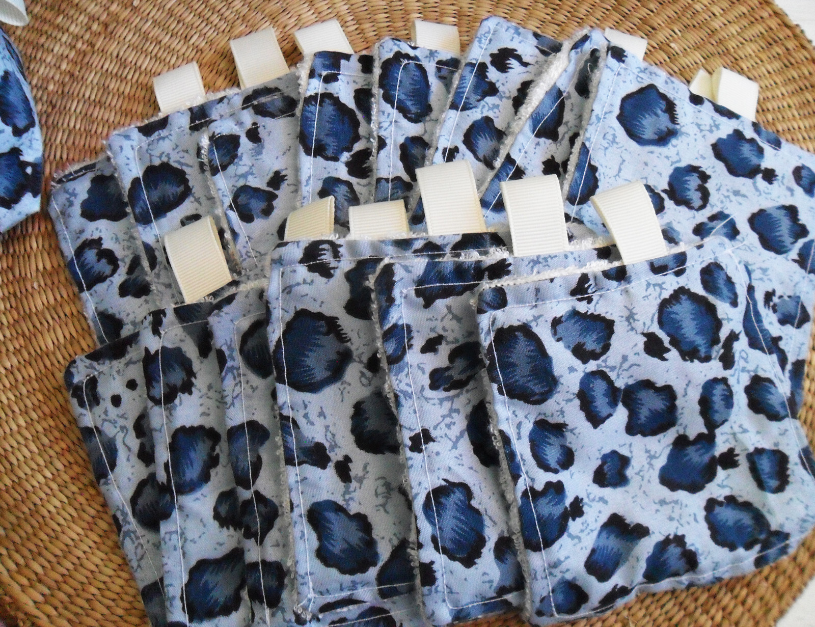 Handmade Reusable MAKEUP Removal PADS in Basket, Blue Leopard Print, Terry Cloth